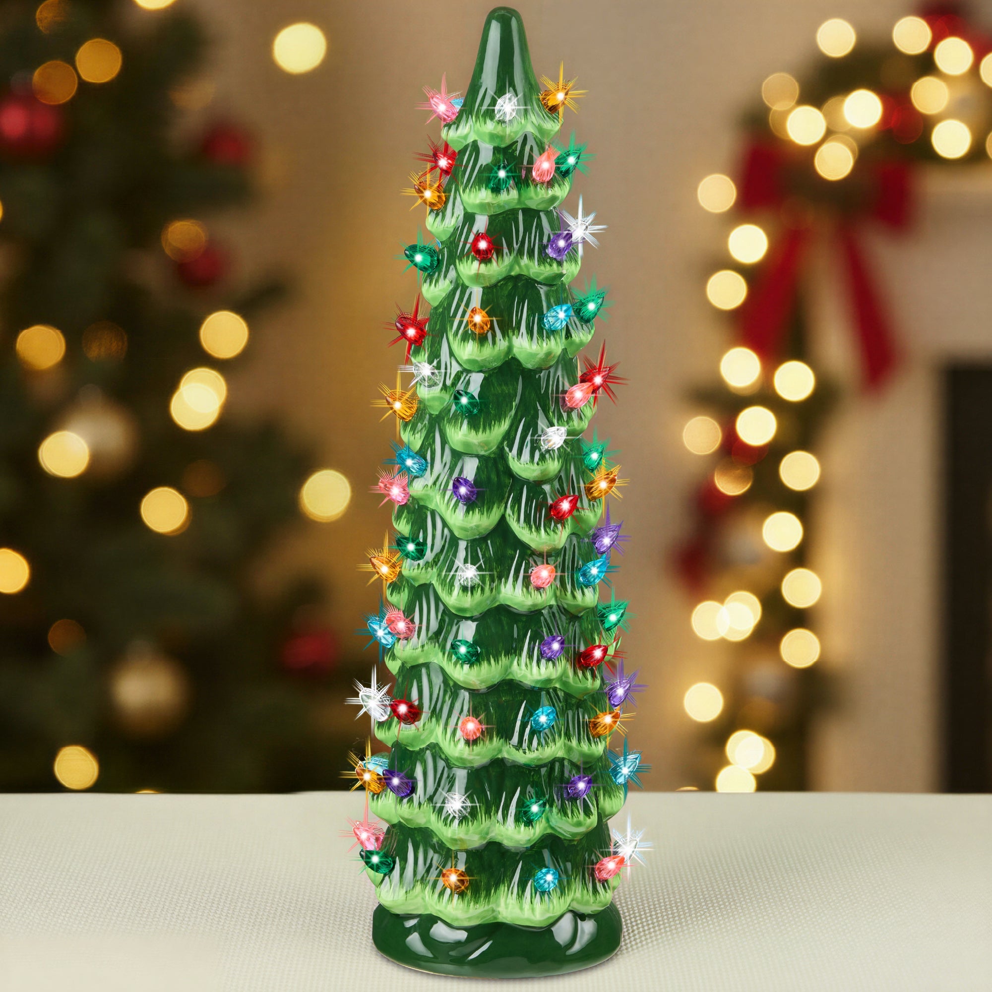 21in Ceramic Christmas Tree Hand-Painted Holiday Decor w/ LED Lights
