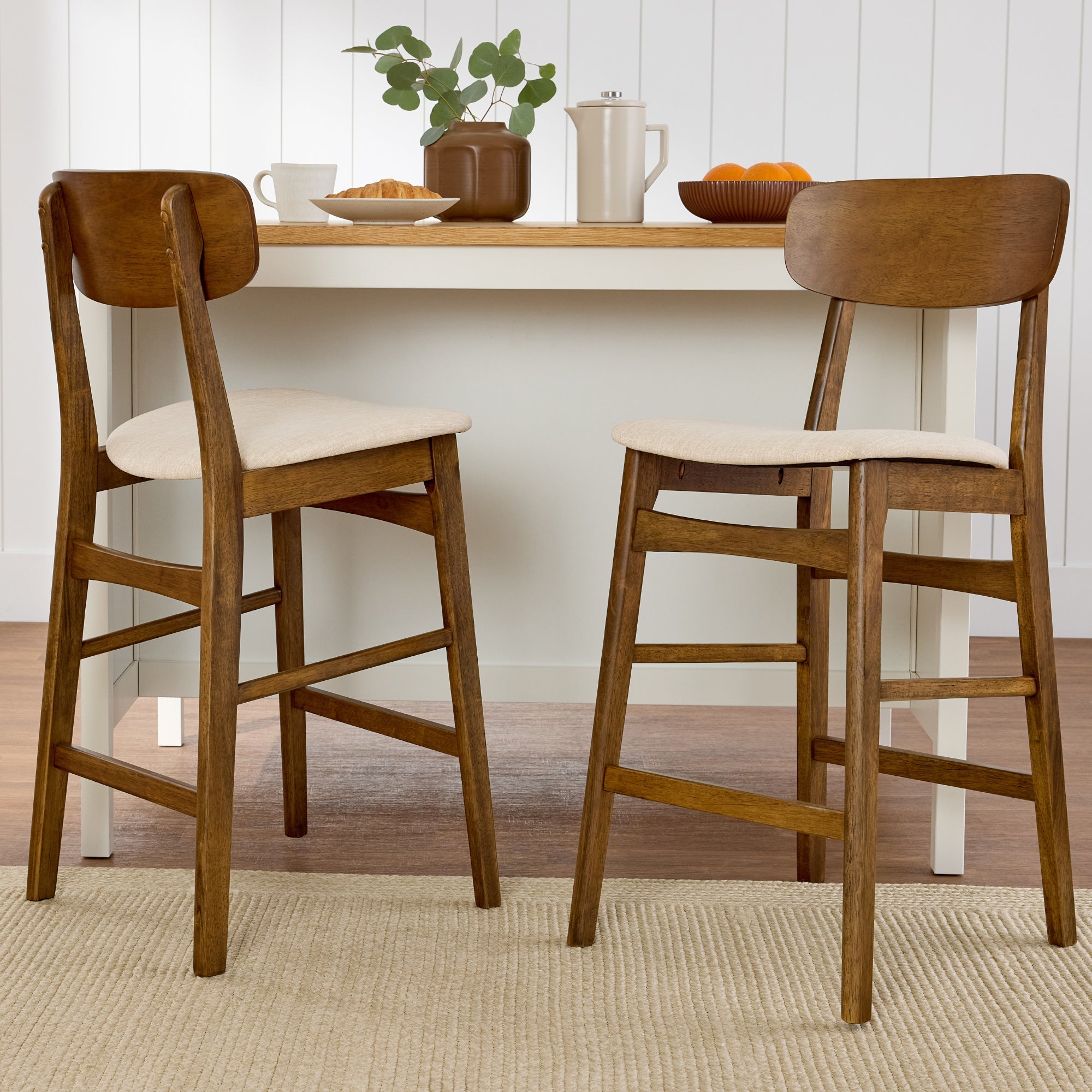 2-Piece Farmhouse Counter Height Bar Stool Set w/ Cushioned Seat Backrest
