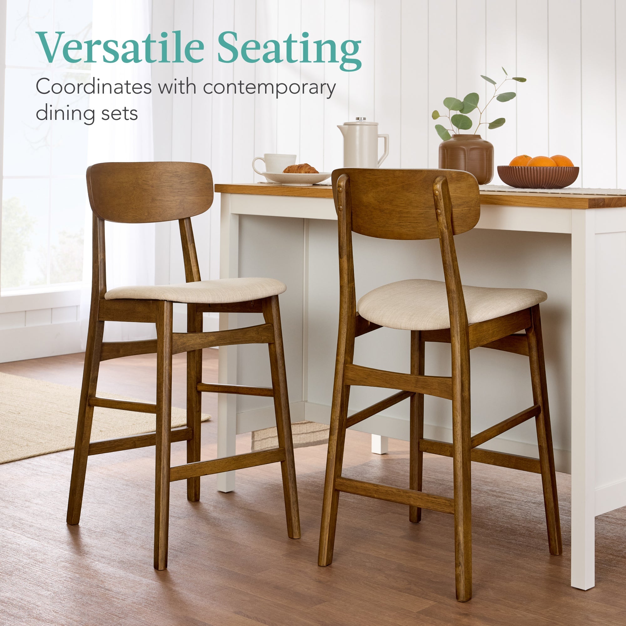 2-Piece Farmhouse Counter Height Bar Stool Set w/ Cushioned Seat Backrest
