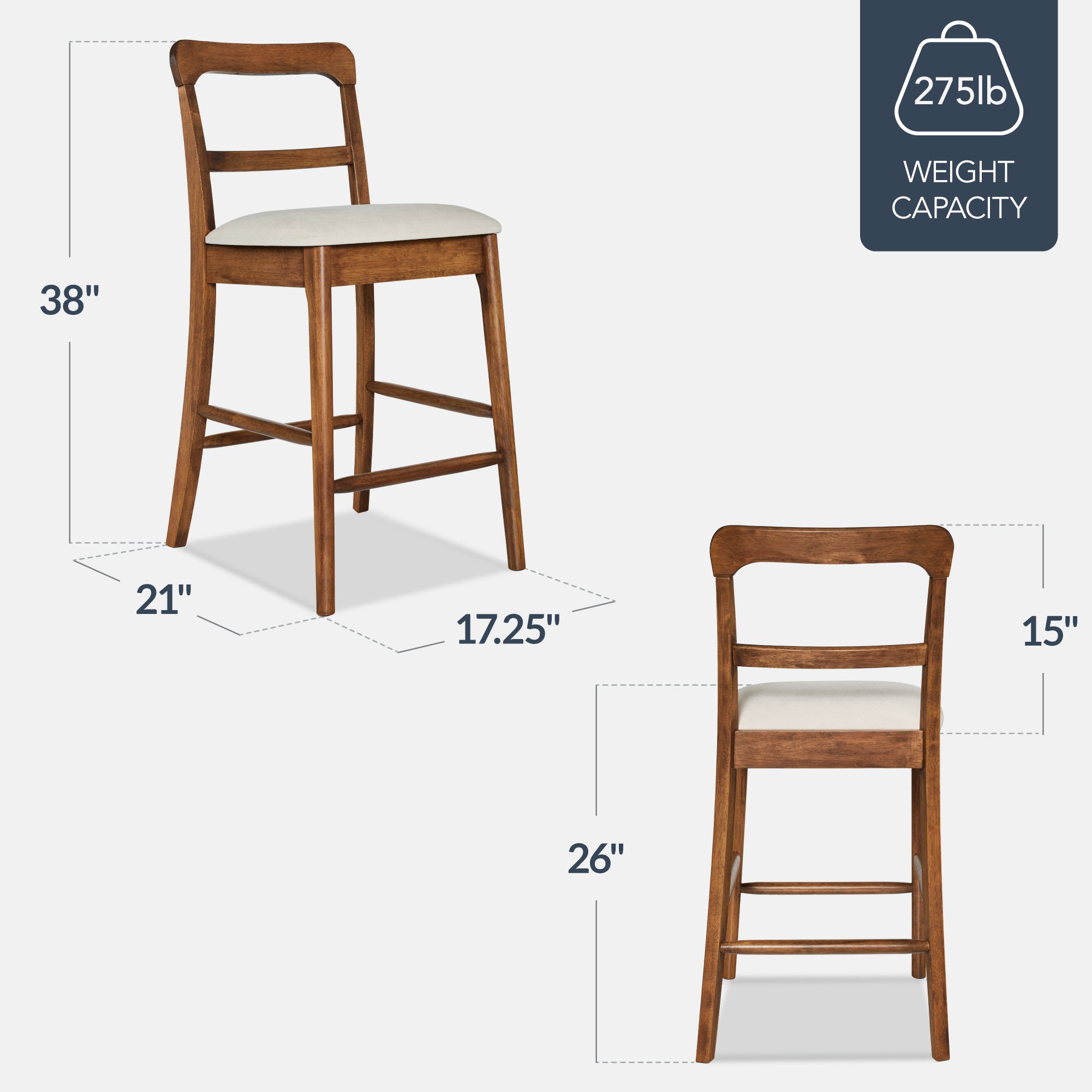 26\" Counter-Height Farmhouse Wood Stoolsw/ Cushion & Backrest Set of 2
