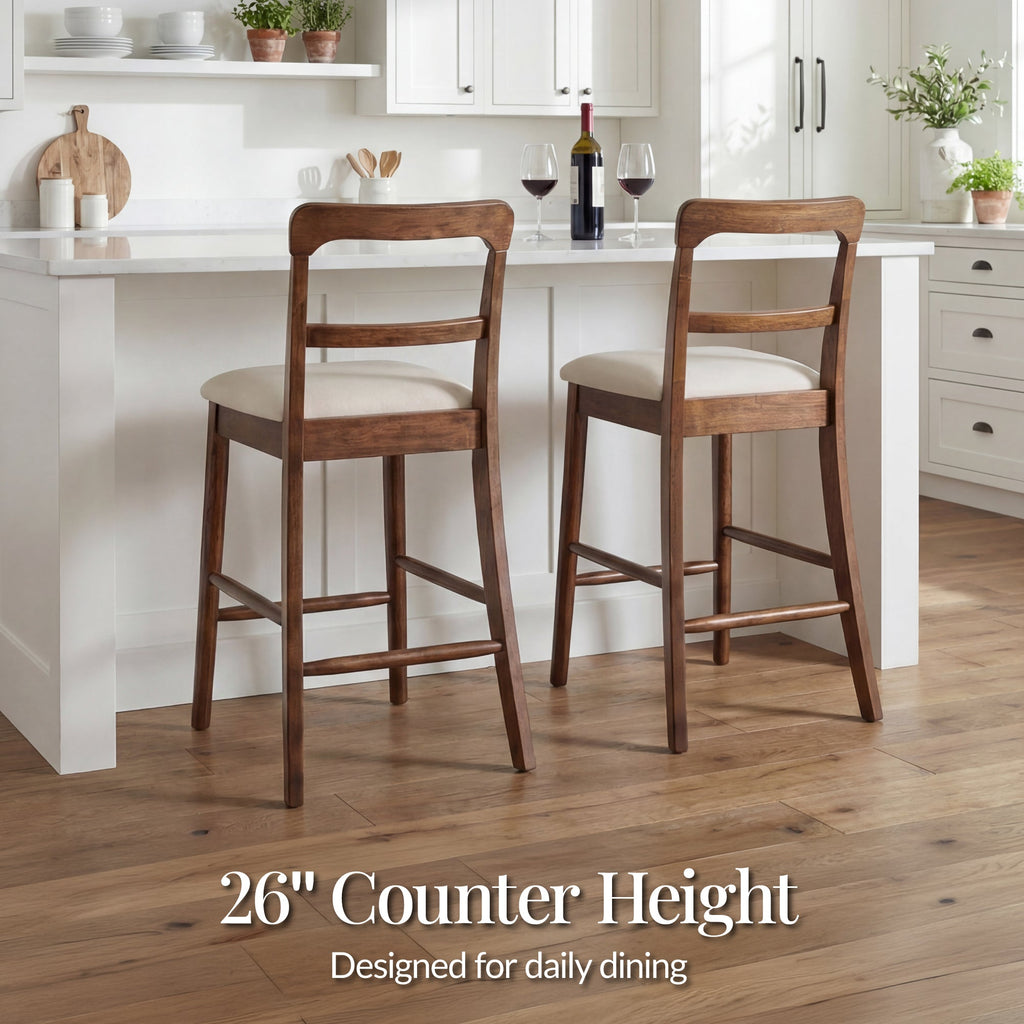 26\" Counter-Height Farmhouse Wood Stoolsw/ Cushion & Backrest Set of 2