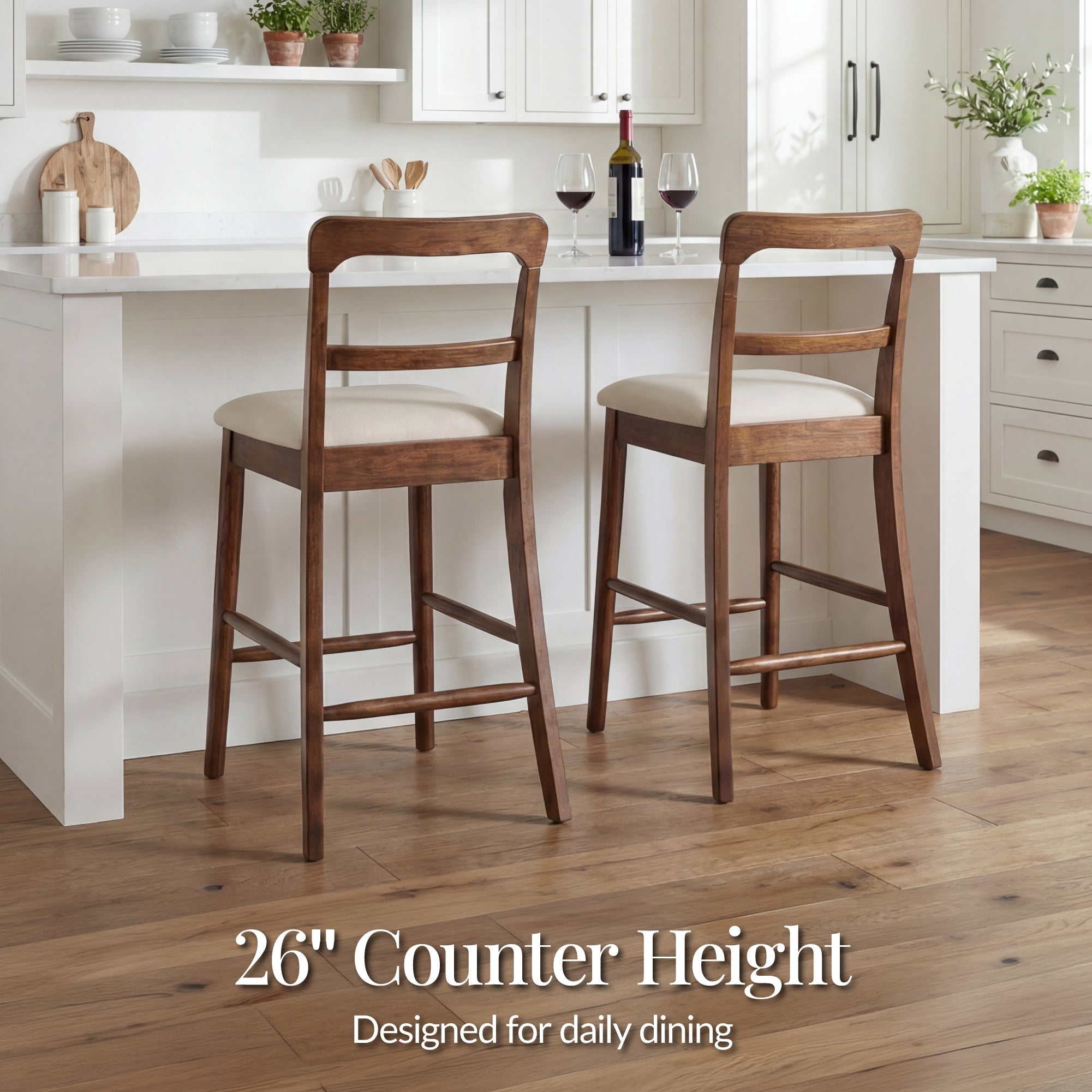 26\" Counter-Height Farmhouse Wood Stoolsw/ Cushion & Backrest Set of 2