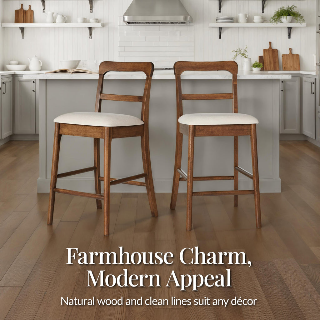 26\" Counter-Height Farmhouse Wood Stoolsw/ Cushion & Backrest Set of 2