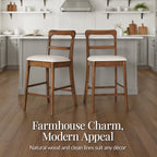 26\" Counter-Height Farmhouse Wood Stoolsw/ Cushion & Backrest Set of 2