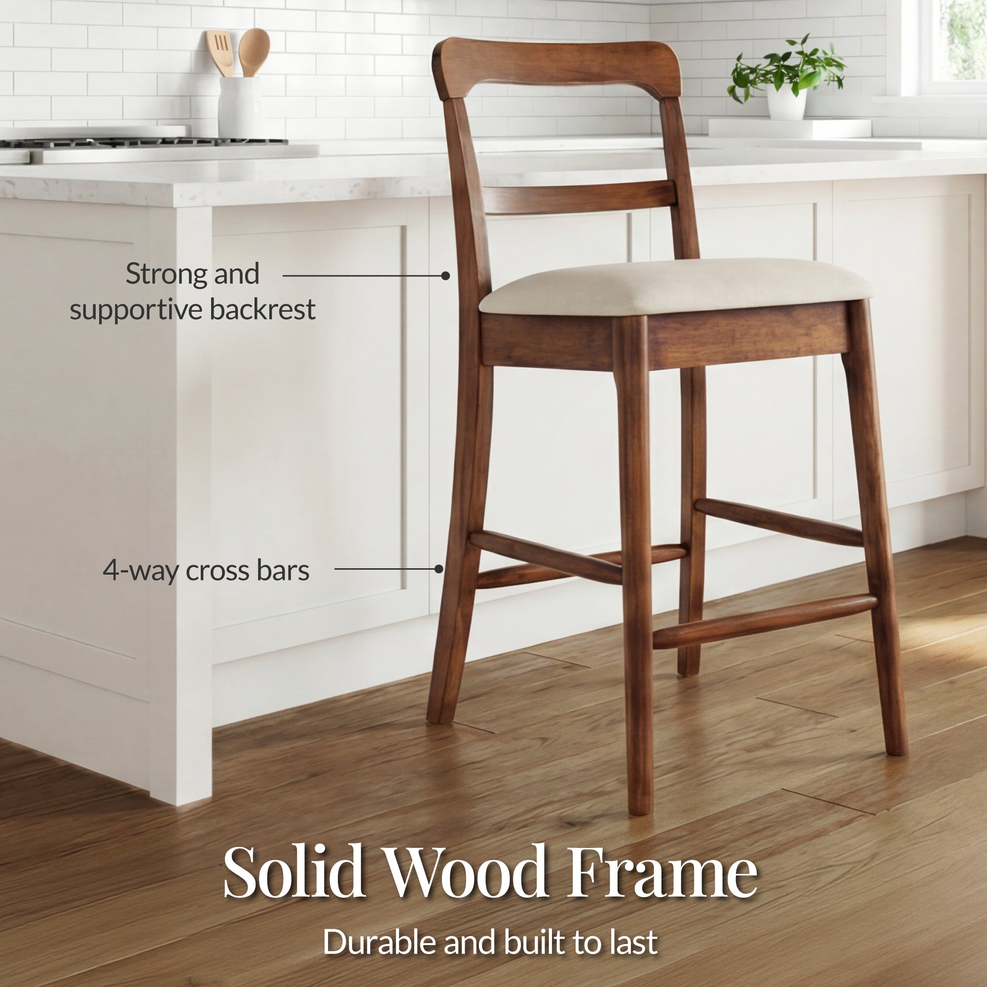 26\" Counter-Height Farmhouse Wood Stoolsw/ Cushion & Backrest Set of 2