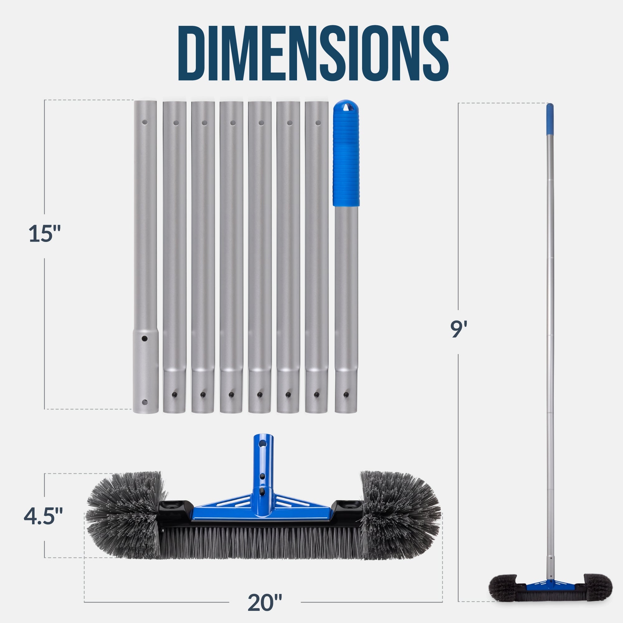 20\" Pool Brush with 9 ft Aluminum PolePool Wall & Floor Cleaning Set