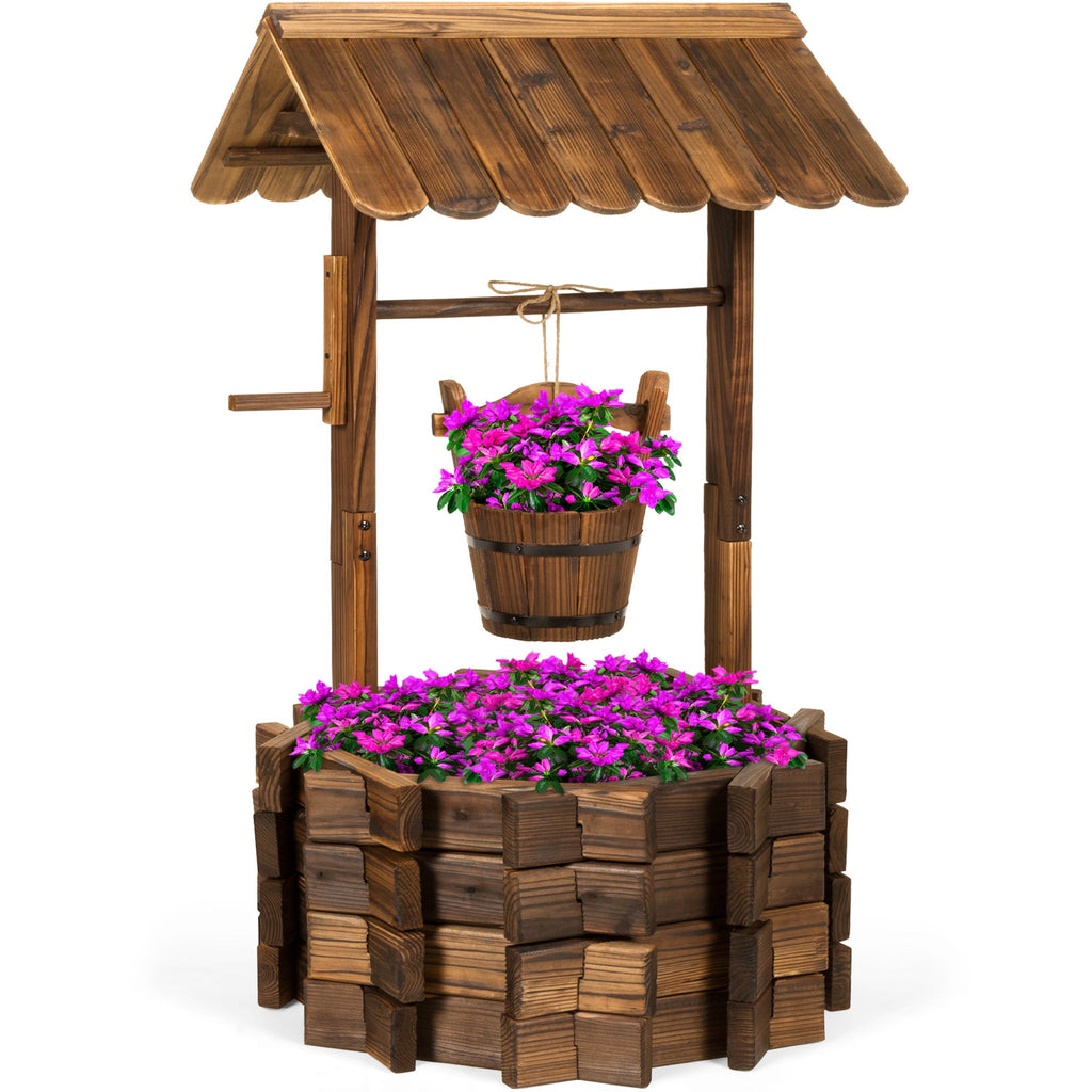 21.5\" Rustic Wooden Wishing Well Planter Yard Decoration w/ Hanging Bucket