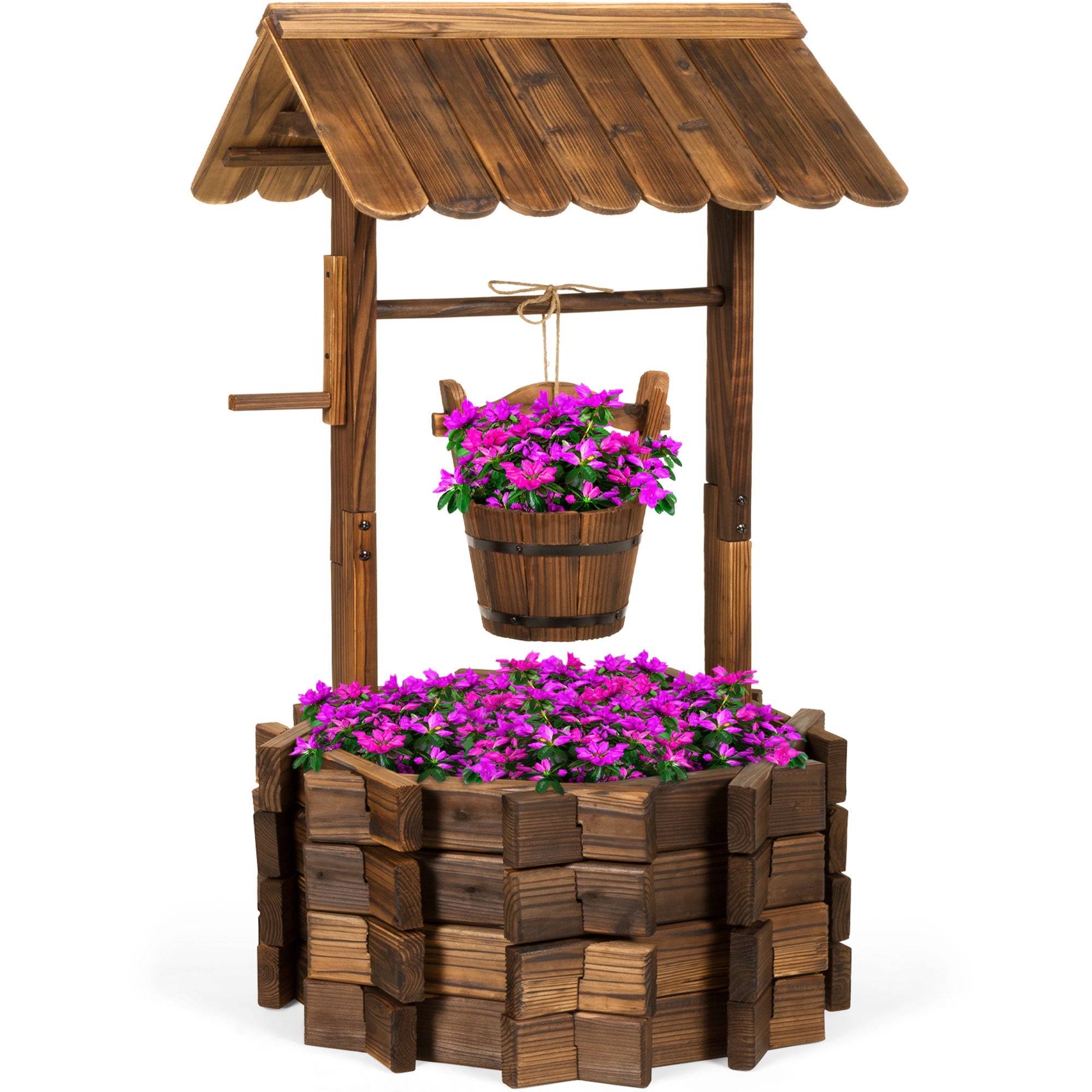 21.5\" Rustic Wooden Wishing Well Planter Yard Decoration w/ Hanging Bucket