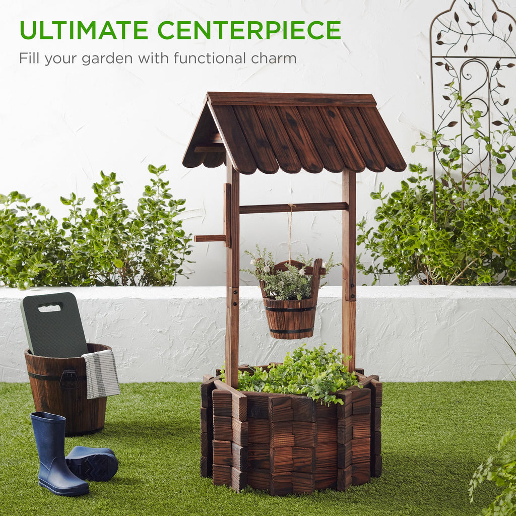 21.5\" Rustic Wooden Wishing Well Planter Yard Decoration w/ Hanging Bucket