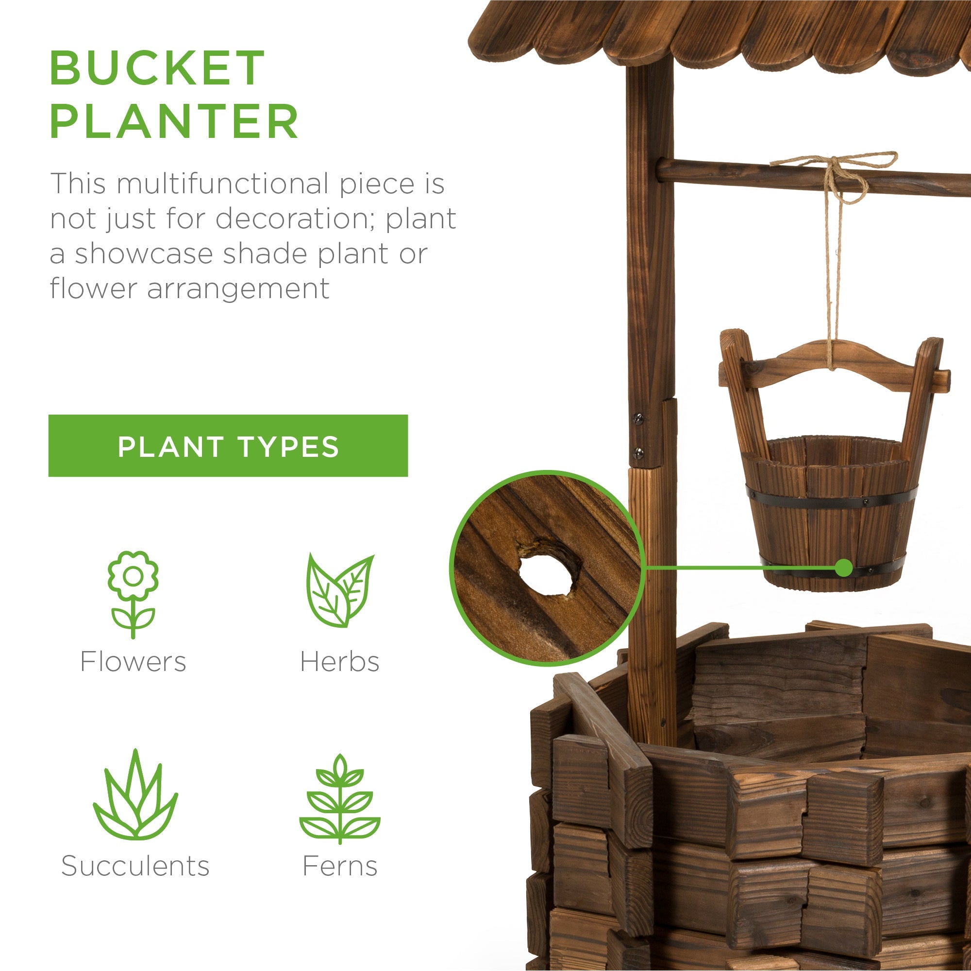 21.5\" Rustic Wooden Wishing Well Planter Yard Decoration w/ Hanging Bucket