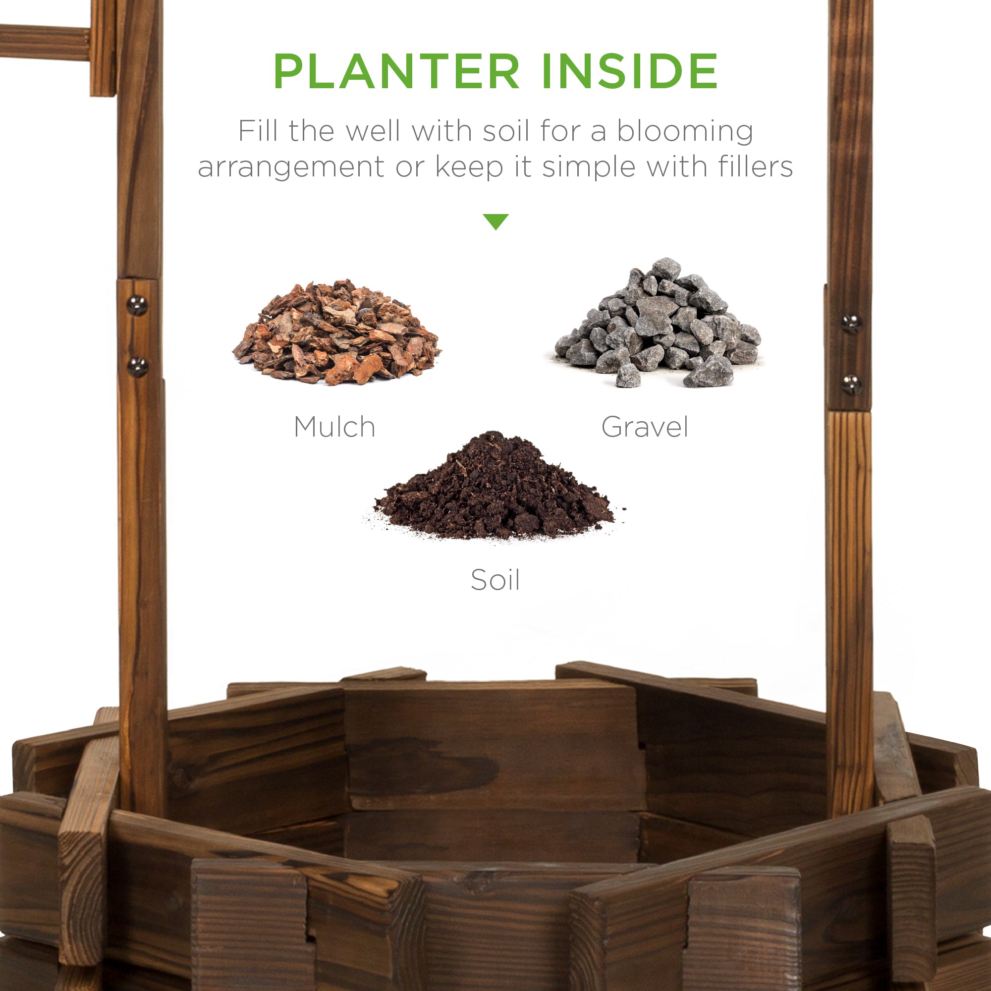 21.5\" Rustic Wooden Wishing Well Planter Yard Decoration w/ Hanging Bucket