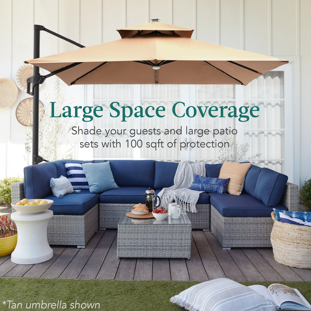 2-Tier Square LED Cantilever Offset Umbrella w/ 360 Rotation Base - 10x10ft