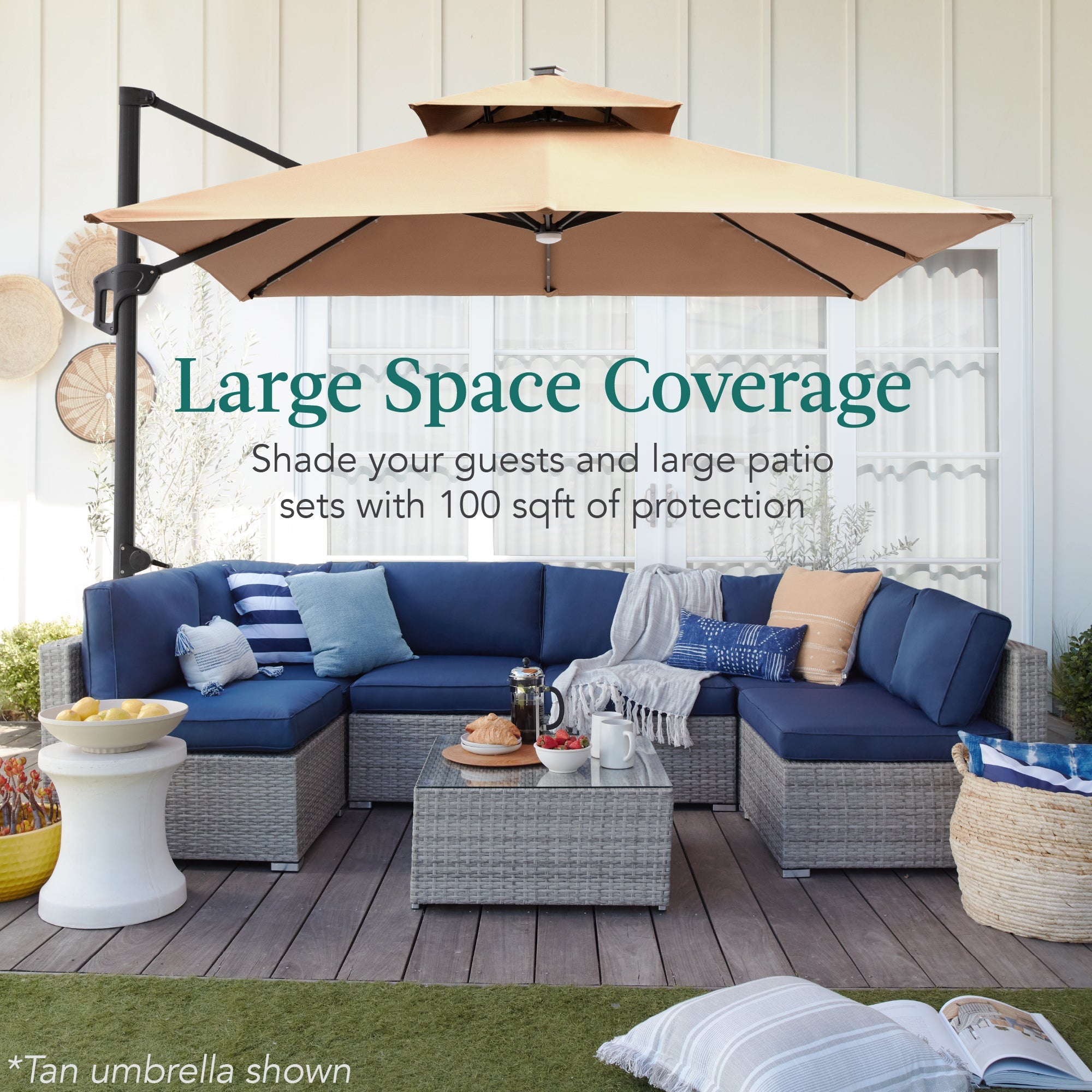 2-Tier Square LED Cantilever Offset Umbrella w/ 360 Rotation Base - 10x10ft