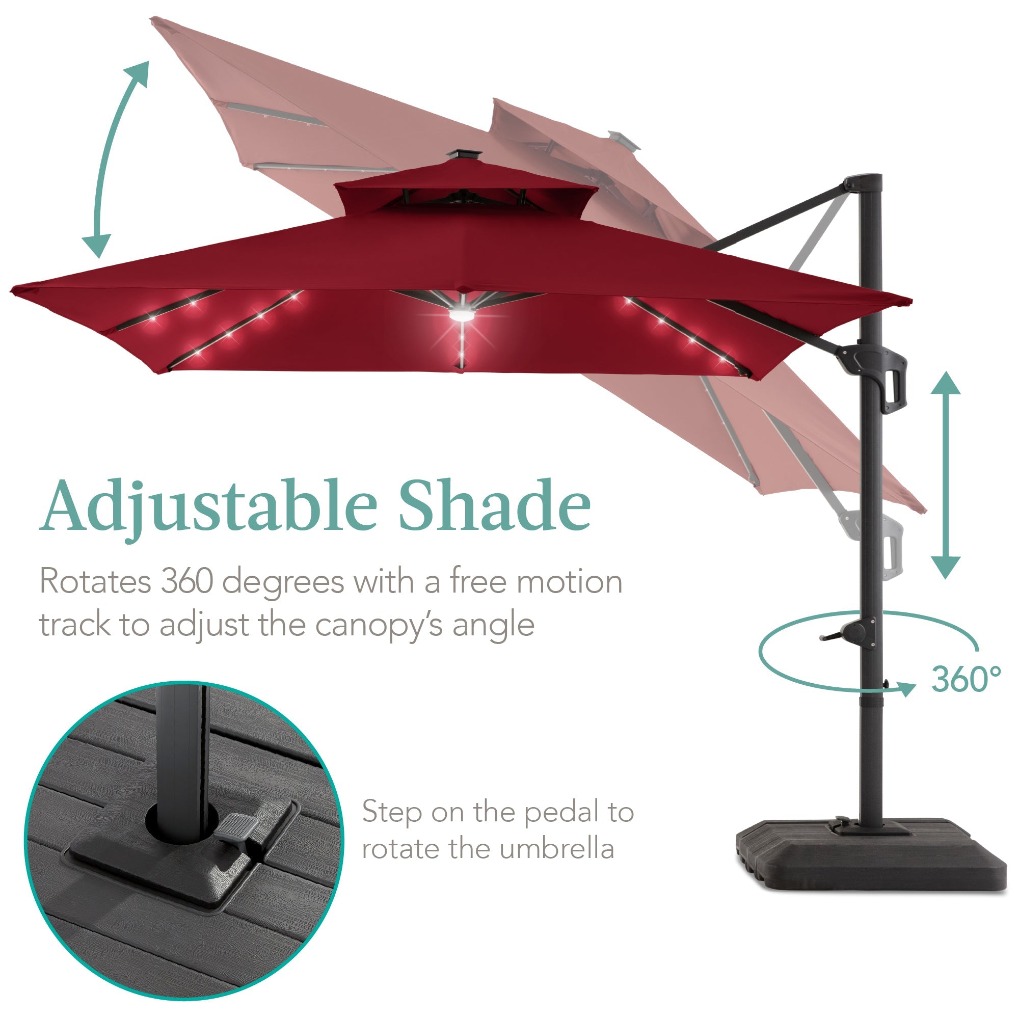 2-Tier Square LED Cantilever Offset Umbrella w/ 360 Rotation Base - 10x10ft