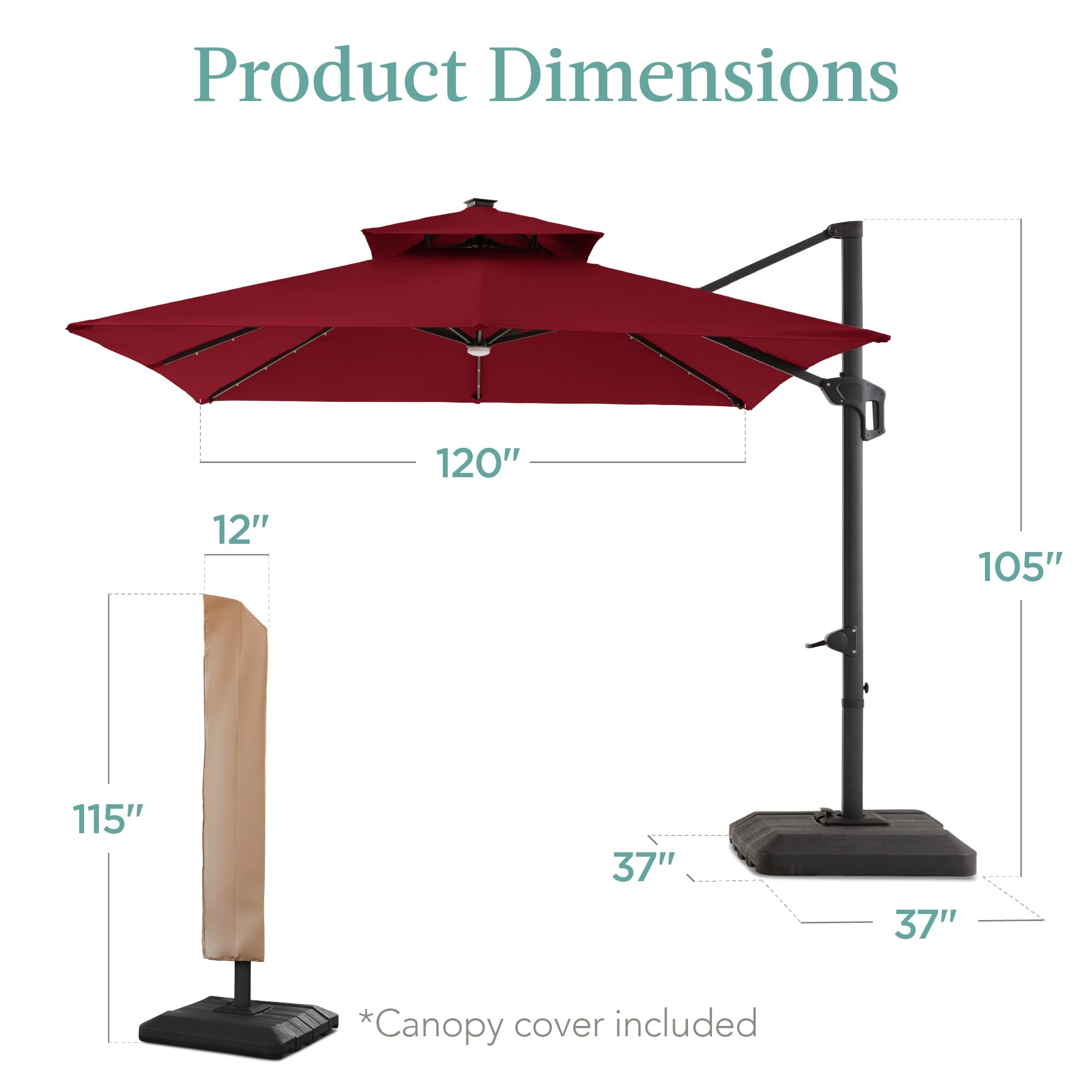 2-Tier Square LED Cantilever Offset Umbrella w/ 360 Rotation Base - 10x10ft