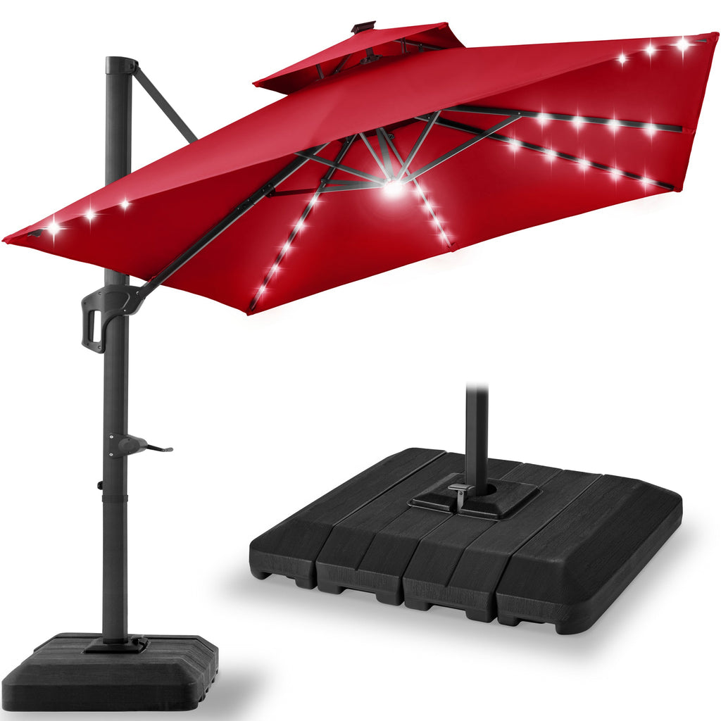 2-Tier Square LED Cantilever Offset Umbrella w/ 360 Rotation Base - 10x10ft