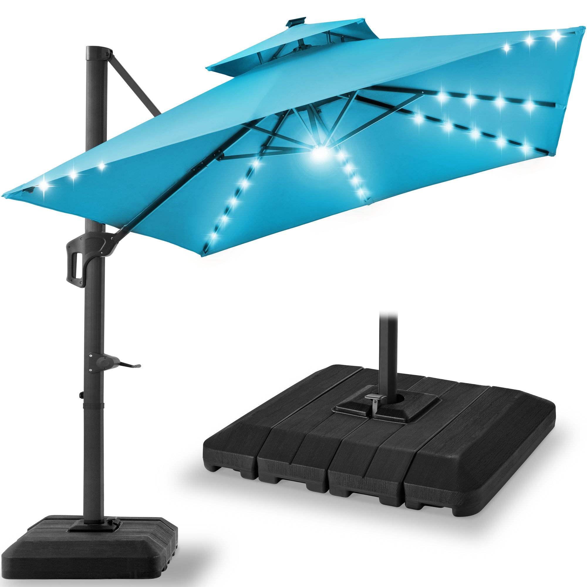 2-Tier Square LED Cantilever Offset Umbrella w/ 360 Rotation Base - 10x10ft