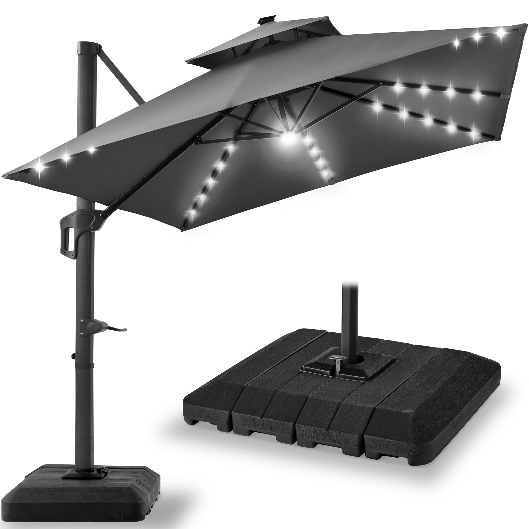2-Tier Square LED Cantilever Offset Umbrella w/ 360 Rotation Base - 10x10ft