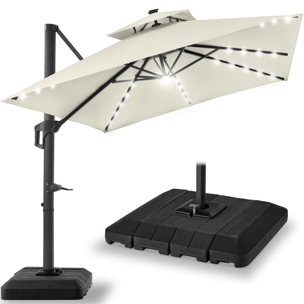 2-Tier Square LED Cantilever Offset Umbrella w/ 360 Rotation Base - 10x10ft