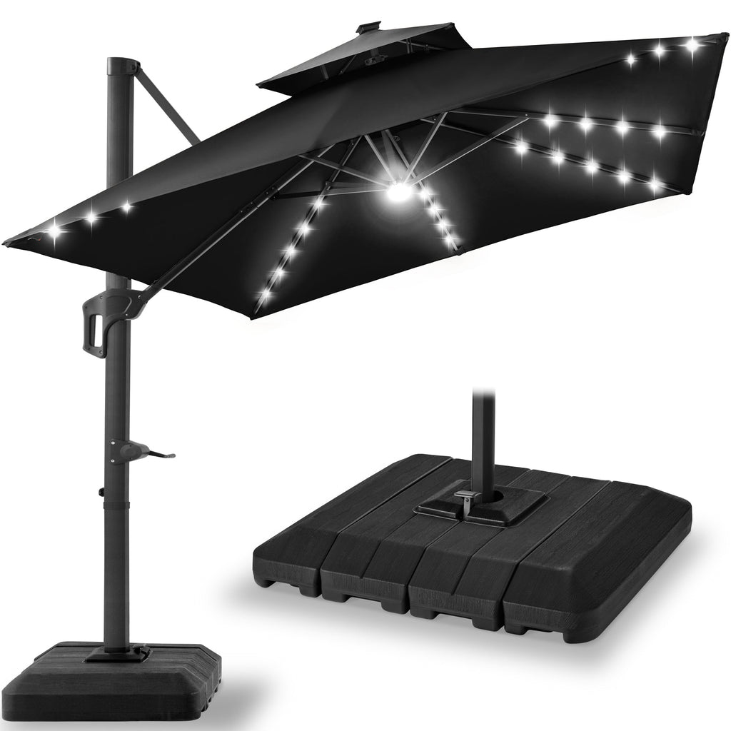 2-Tier Square LED Cantilever Offset Umbrella w/ 360 Rotation Base - 10x10ft