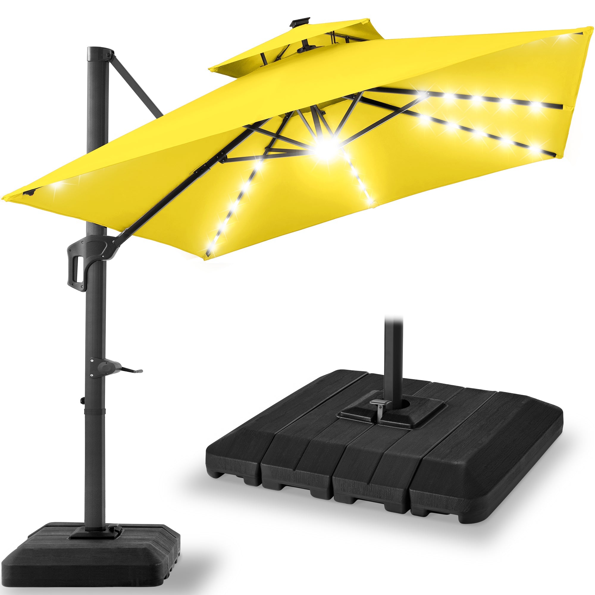 2-Tier Square LED Cantilever Offset Umbrella w/ 360 Rotation Base - 10x10ft