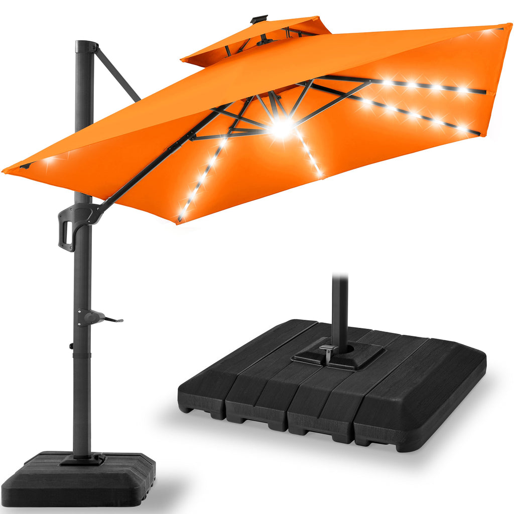2-Tier Square LED Cantilever Offset Umbrella w/ 360 Rotation Base - 10x10ft
