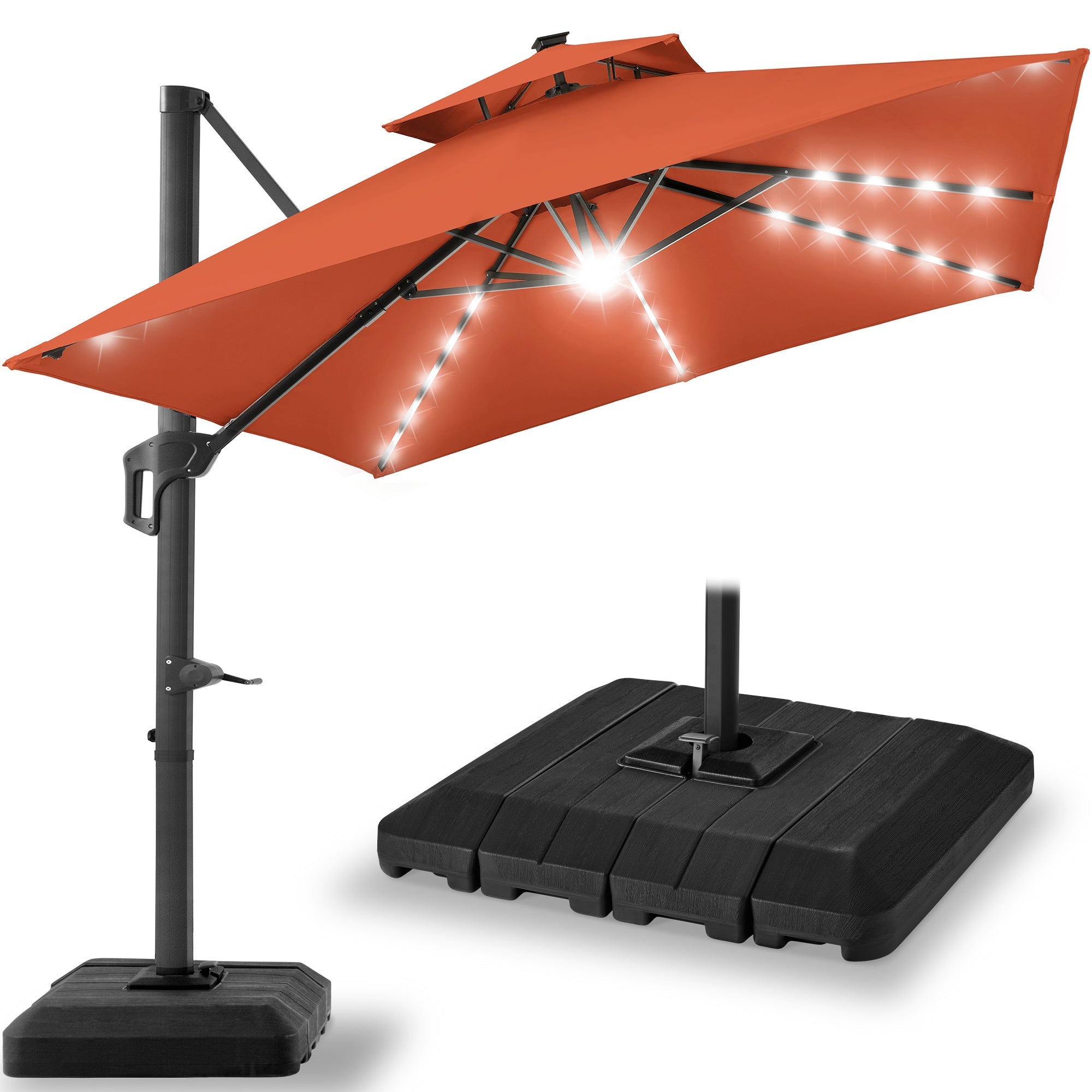 2-Tier Square LED Cantilever Offset Umbrella w/ 360 Rotation Base - 10x10ft