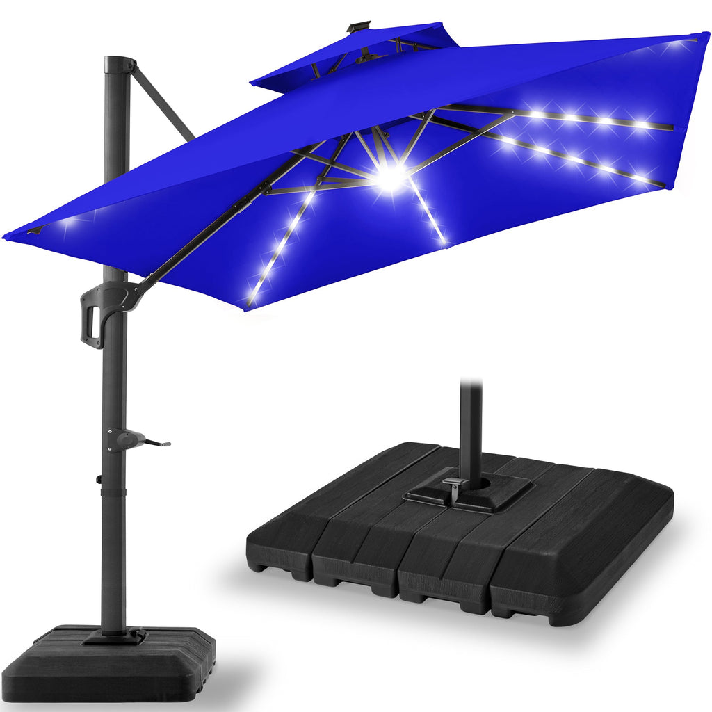 2-Tier Square LED Cantilever Offset Umbrella w/ 360 Rotation Base - 10x10ft