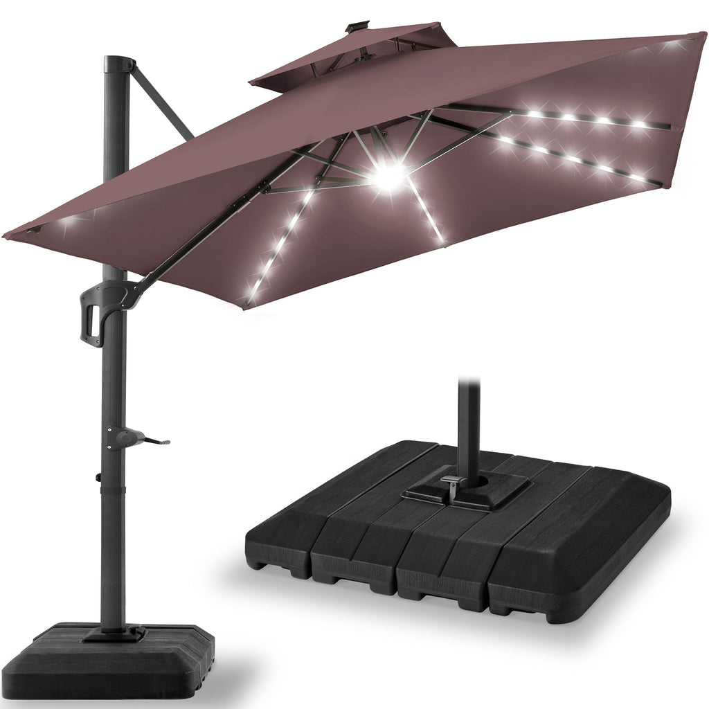 2-Tier Square LED Cantilever Offset Umbrella w/ 360 Rotation Base - 10x10ft
