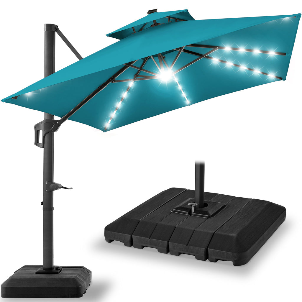 2-Tier Square LED Cantilever Offset Umbrella w/ 360 Rotation Base - 10x10ft