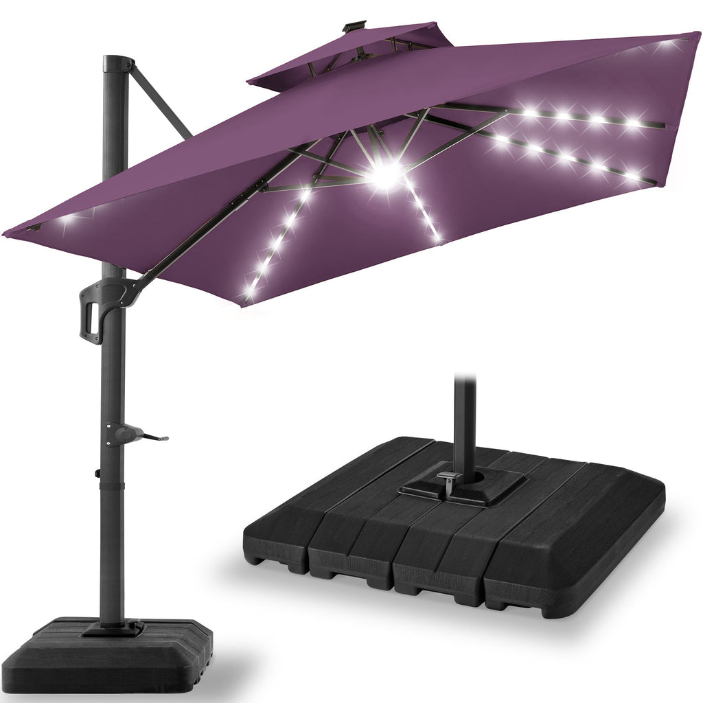 2-Tier Square LED Cantilever Offset Umbrella w/ 360 Rotation Base - 10x10ft