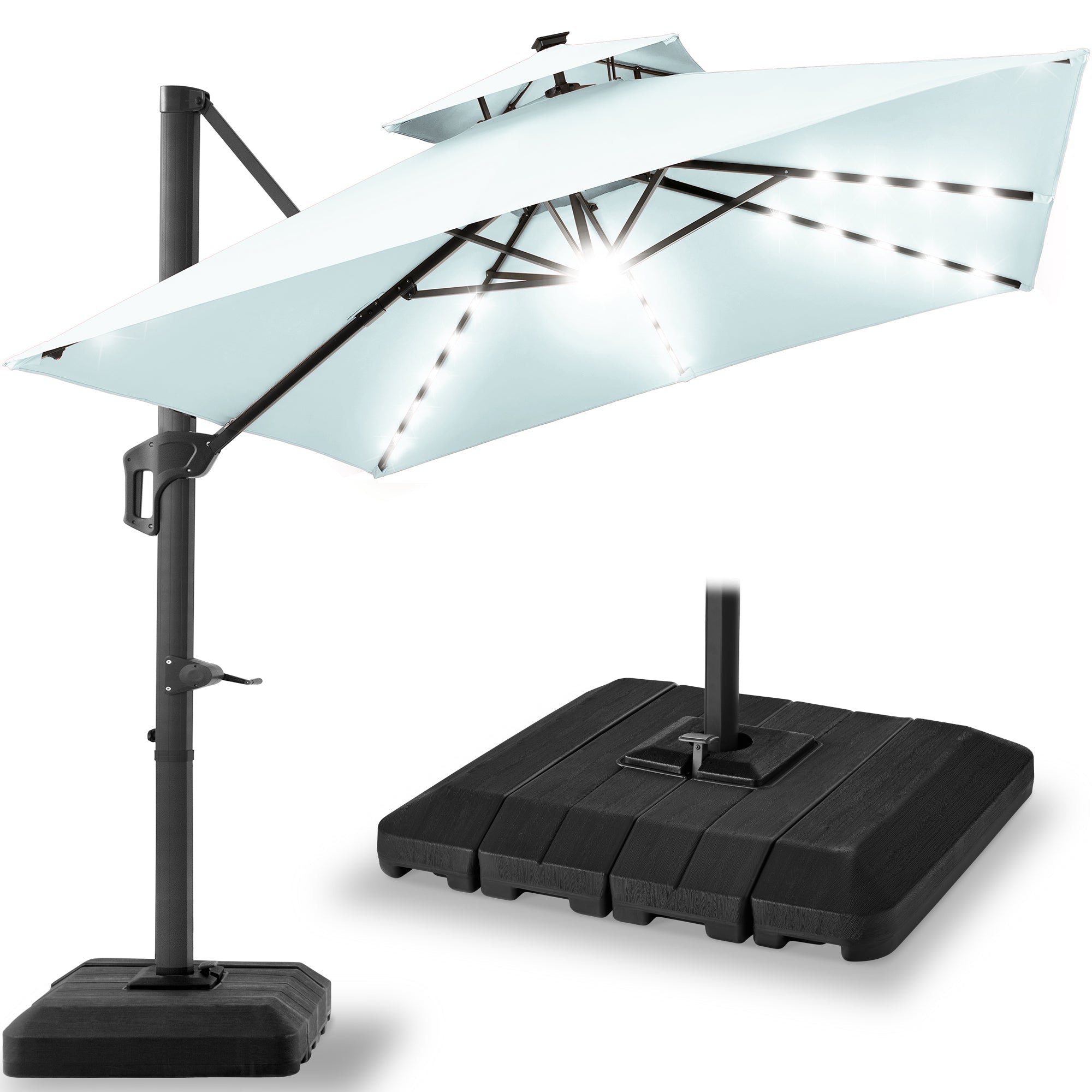 2-Tier Square LED Cantilever Offset Umbrella w/ 360 Rotation Base - 10x10ft