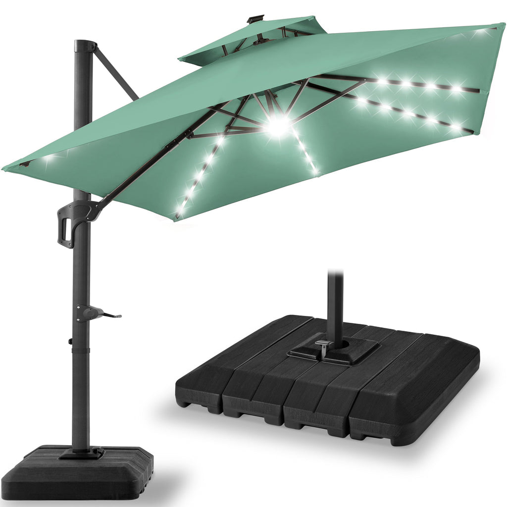 2-Tier Square LED Cantilever Offset Umbrella w/ 360 Rotation Base - 10x10ft