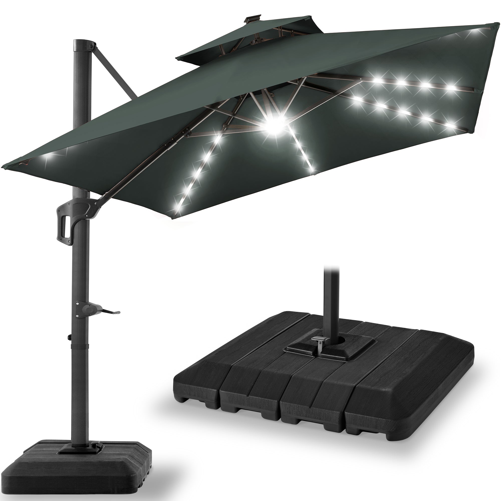 2-Tier Square LED Cantilever Offset Umbrella w/ 360 Rotation Base - 10x10ft