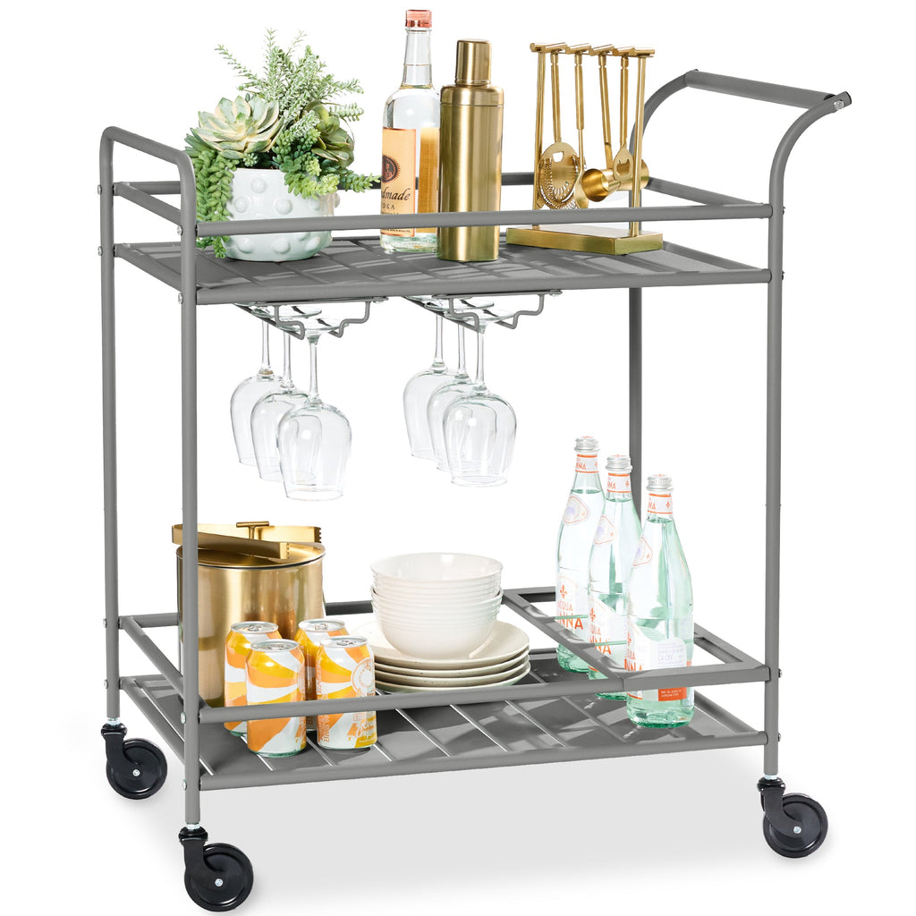 2-Tier Rolling Bar Cart Indoor/Outdoor w/ Shelves Wine Rack Locking Wheels