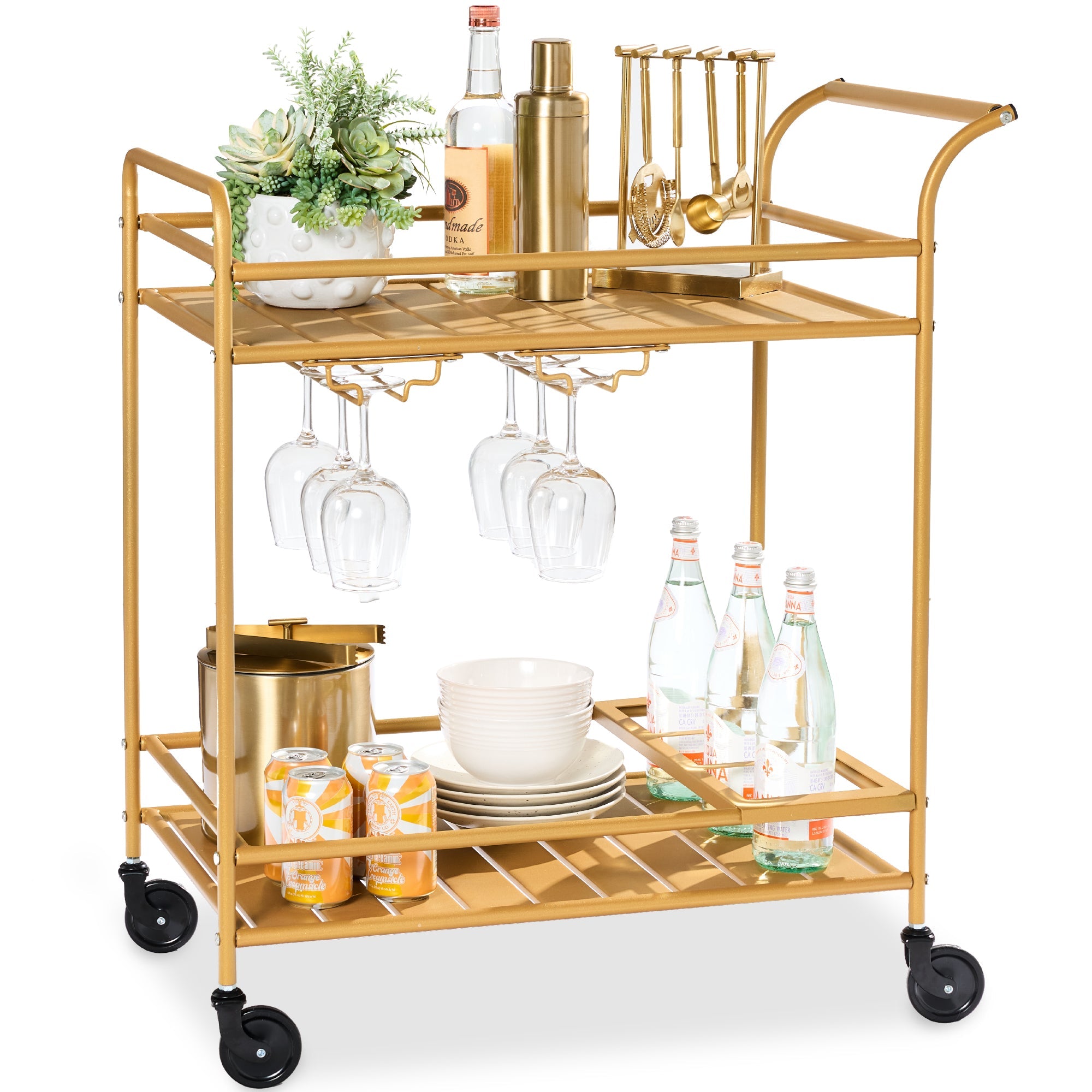 2-Tier Rolling Bar Cart Indoor/Outdoor w/ Shelves Wine Rack Locking Wheels