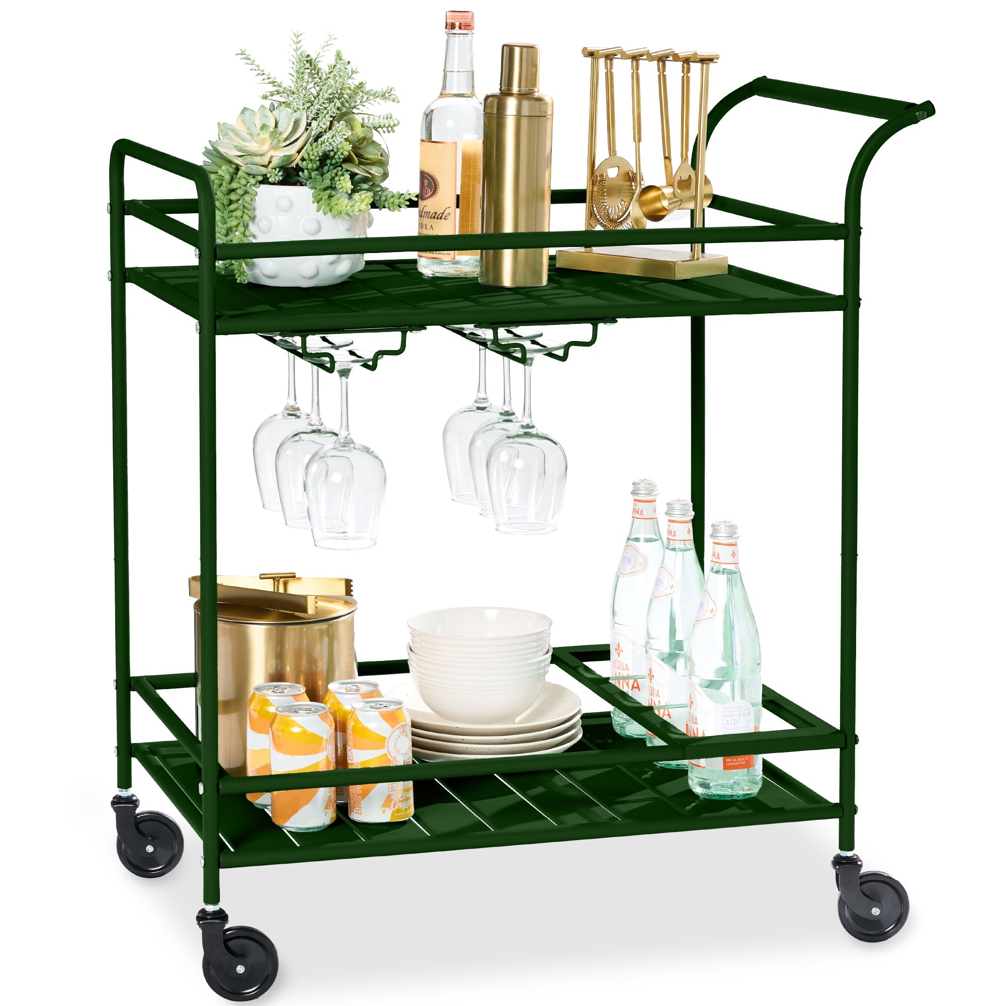 2-Tier Rolling Bar Cart Indoor/Outdoor w/ Shelves Wine Rack Locking Wheels