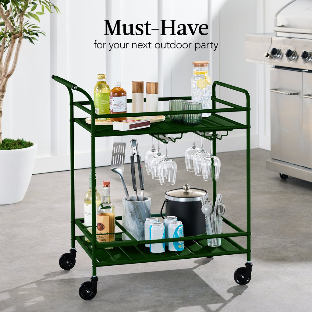2-Tier Rolling Bar Cart Indoor/Outdoor w/ Shelves Wine Rack Locking Wheels