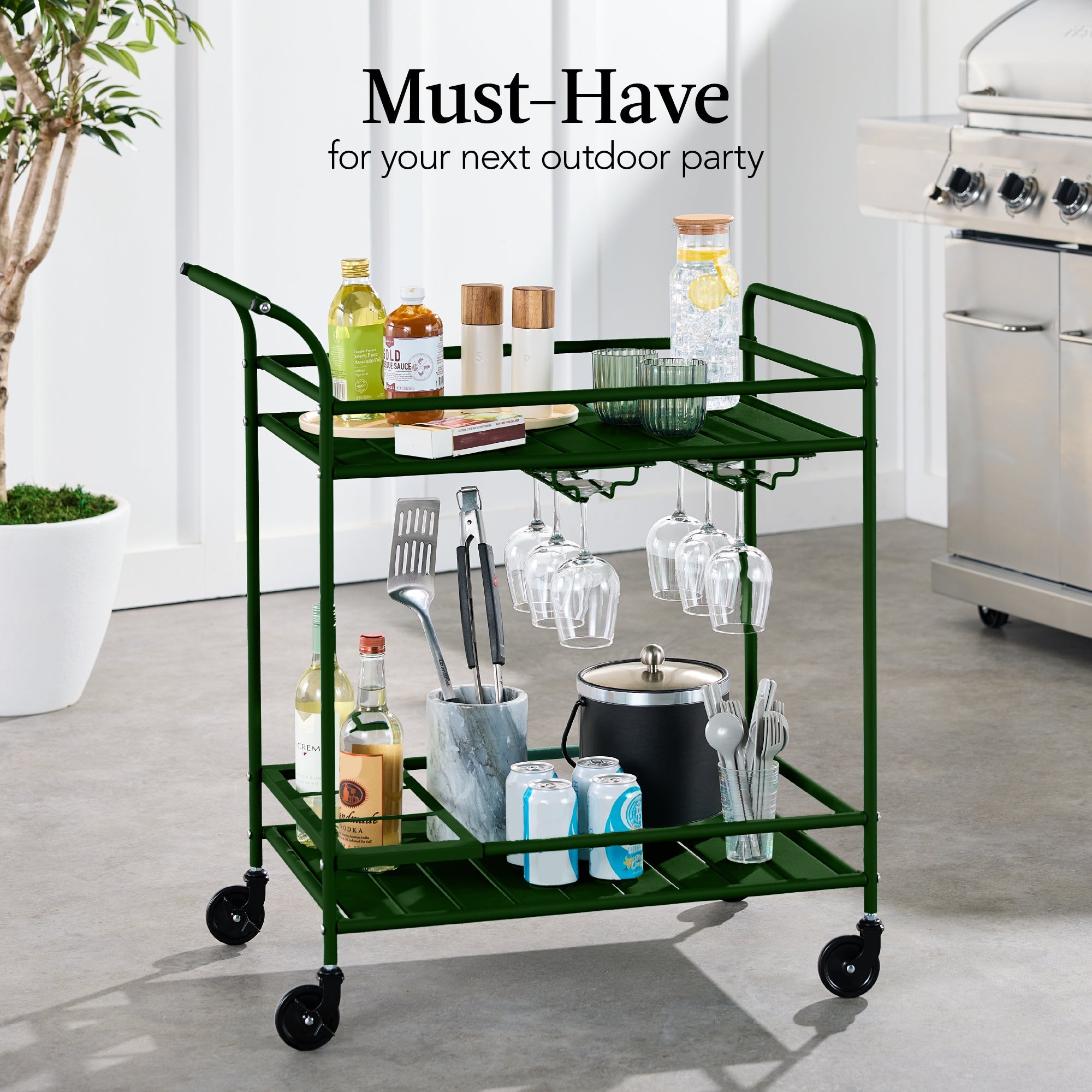 2-Tier Rolling Bar Cart Indoor/Outdoor w/ Shelves Wine Rack Locking Wheels