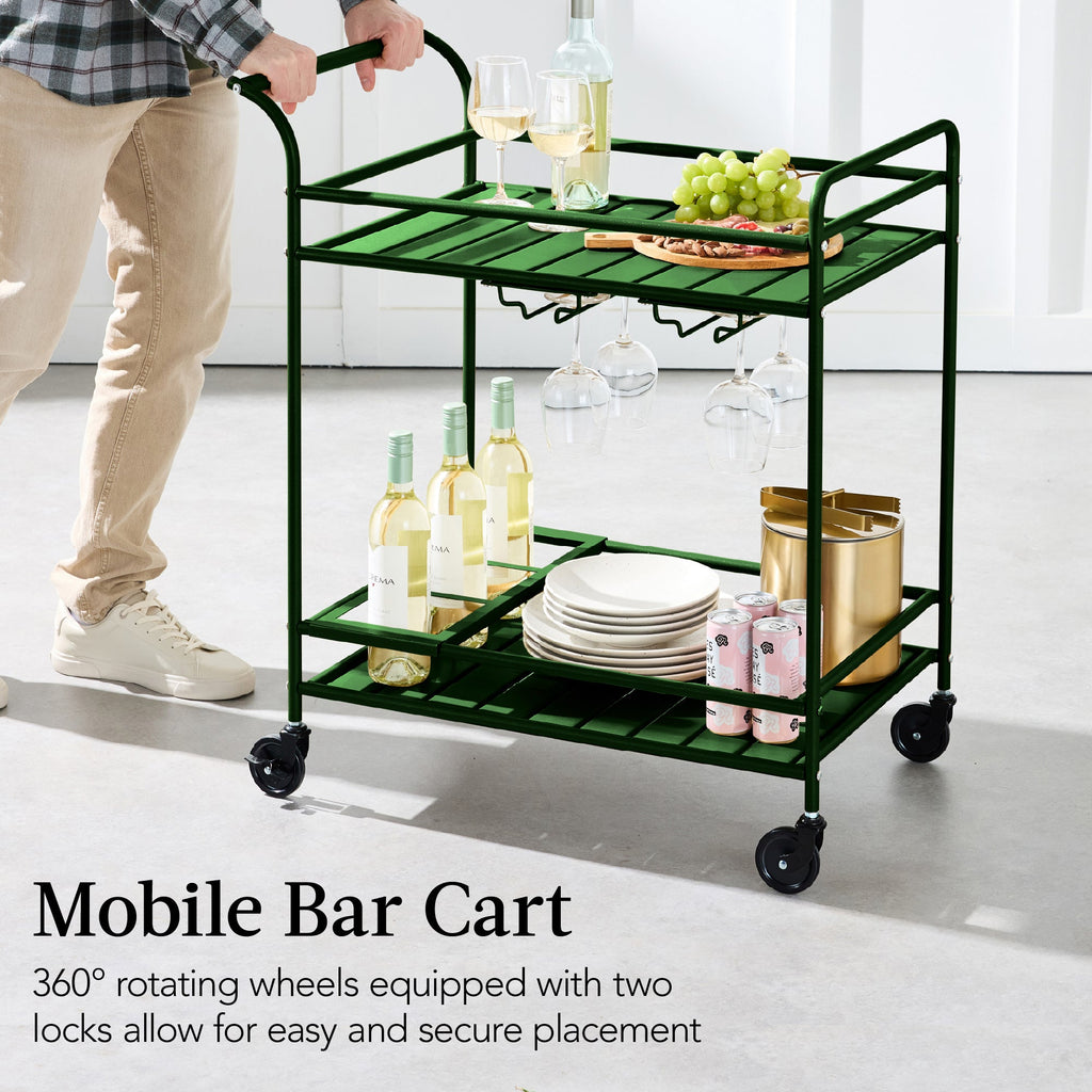 2-Tier Rolling Bar Cart Indoor/Outdoor w/ Shelves Wine Rack Locking Wheels
