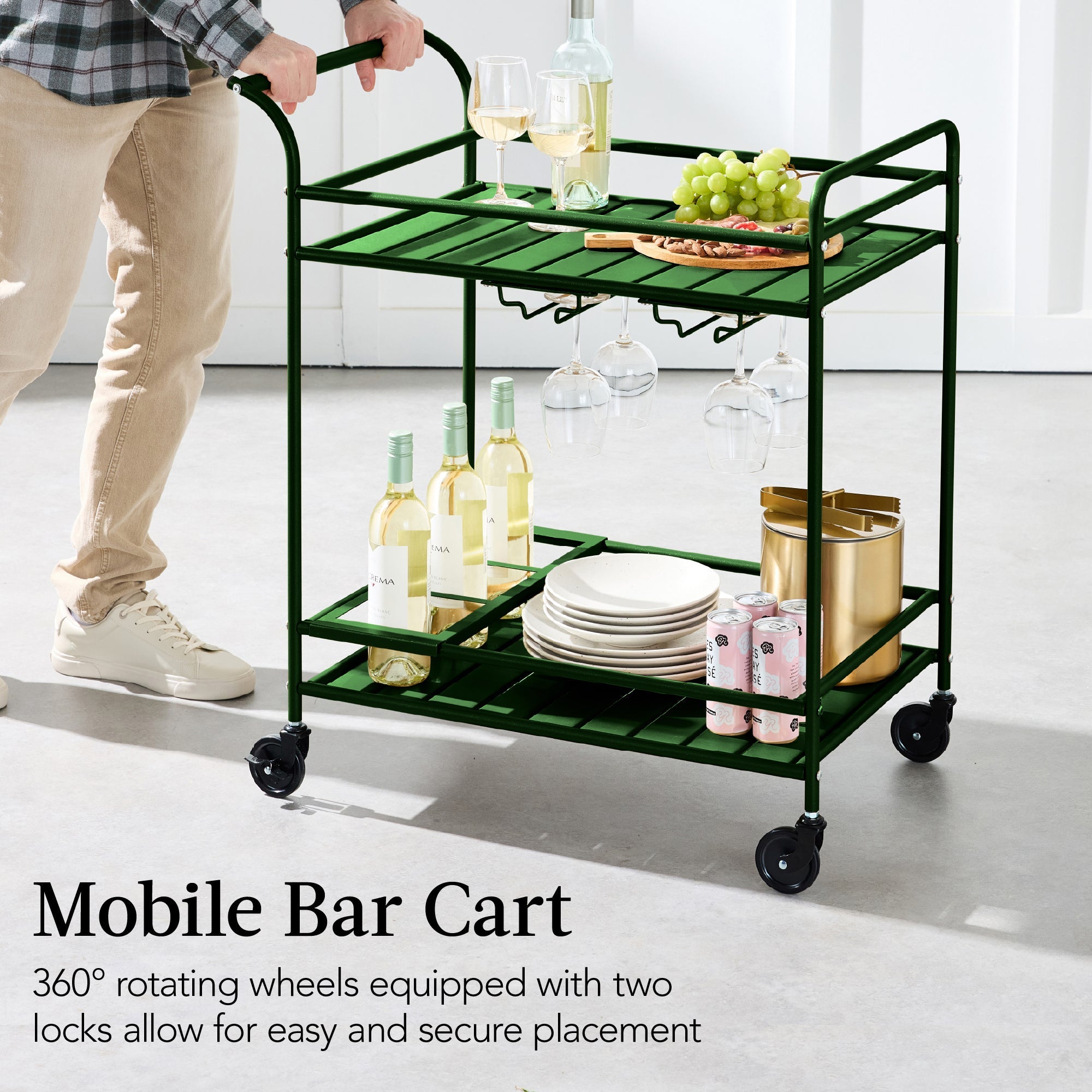 2-Tier Rolling Bar Cart Indoor/Outdoor w/ Shelves Wine Rack Locking Wheels