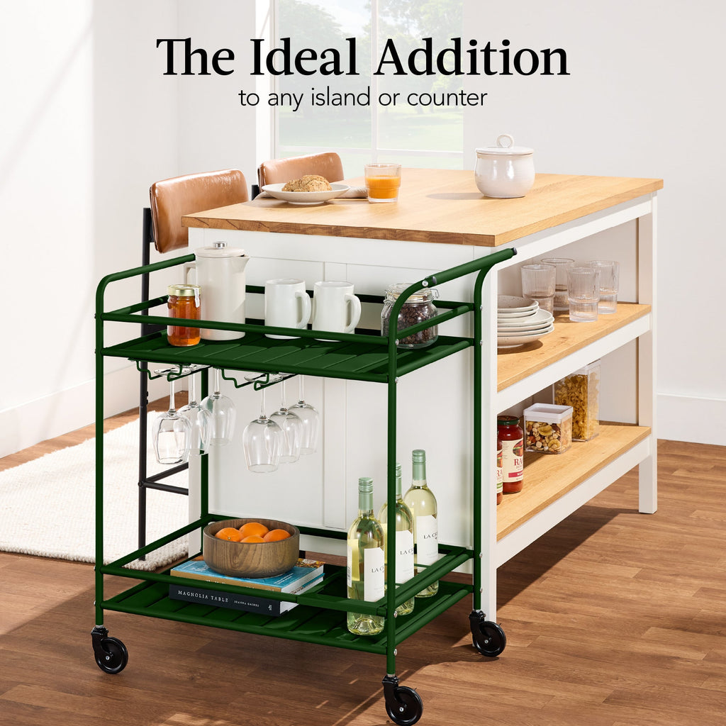 2-Tier Rolling Bar Cart Indoor/Outdoor w/ Shelves Wine Rack Locking Wheels