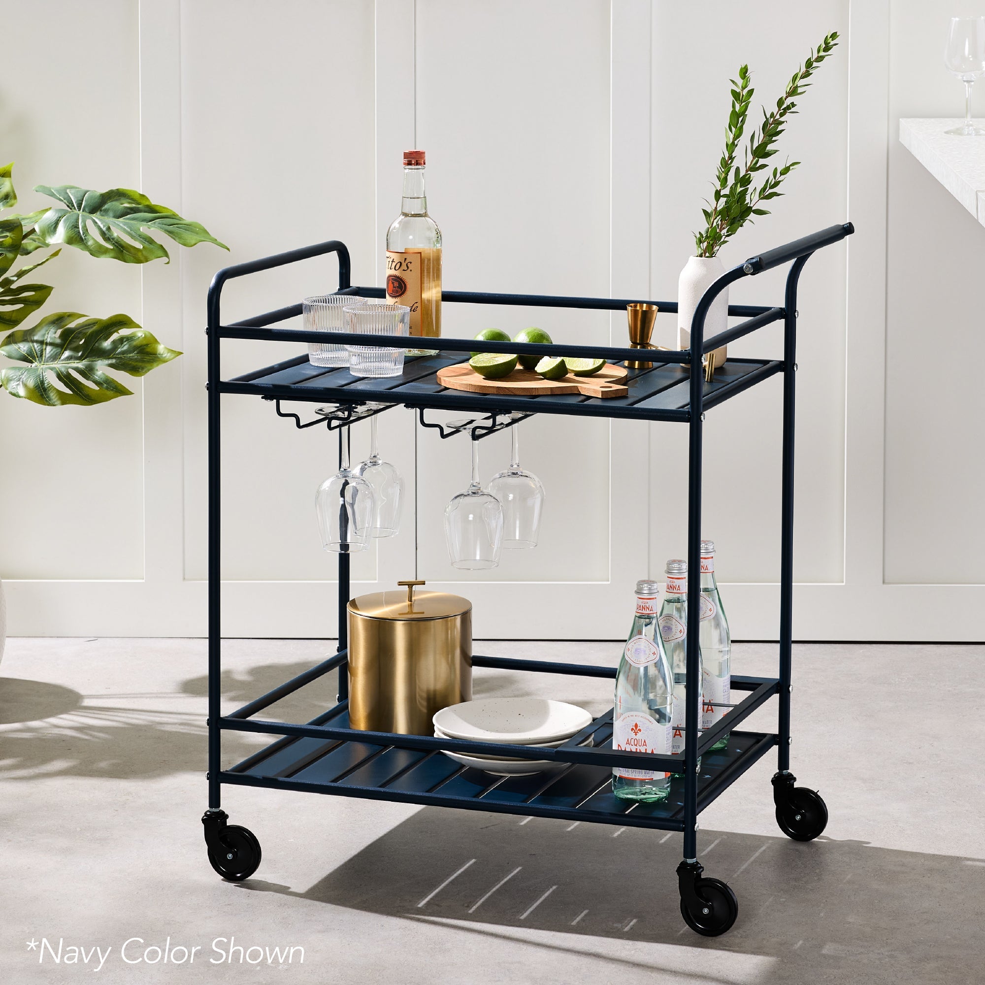2-Tier Rolling Bar Cart Indoor/Outdoor w/ Shelves Wine Rack Locking Wheels