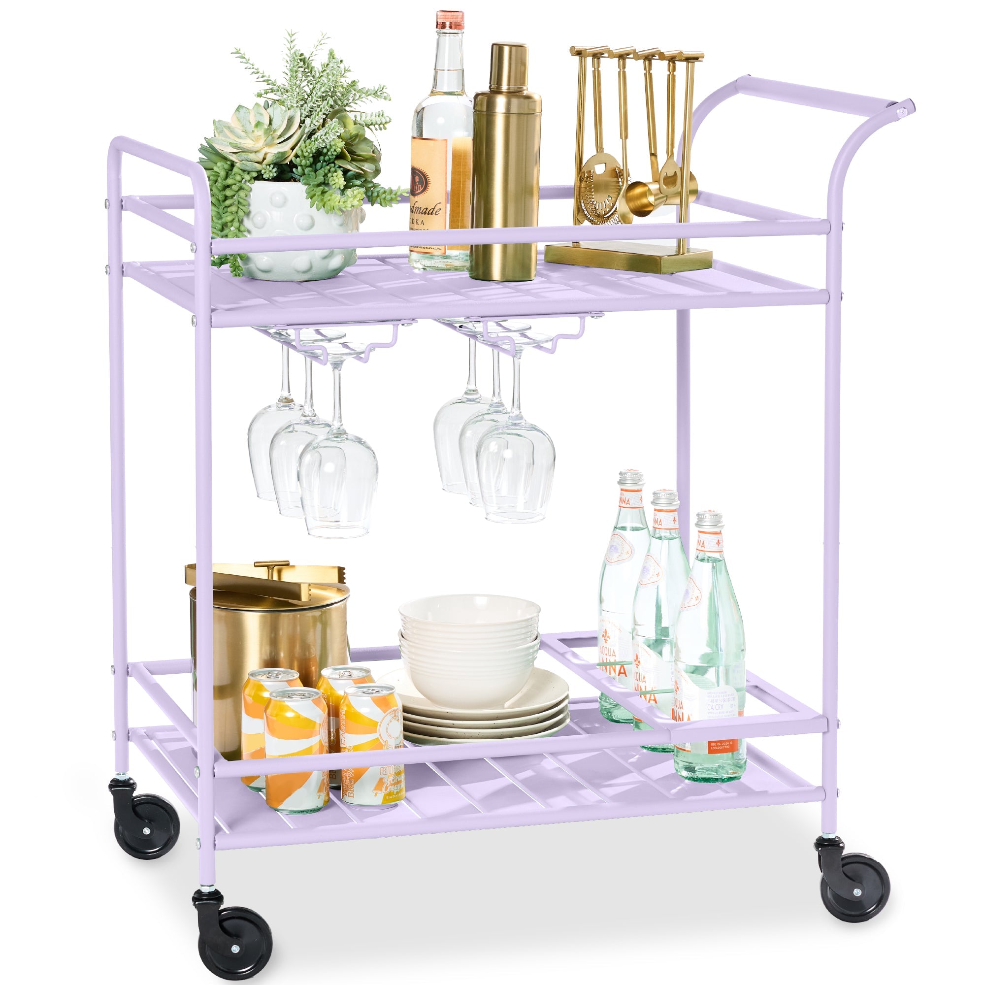 2-Tier Rolling Bar Cart Indoor/Outdoor w/ Shelves Wine Rack Locking Wheels
