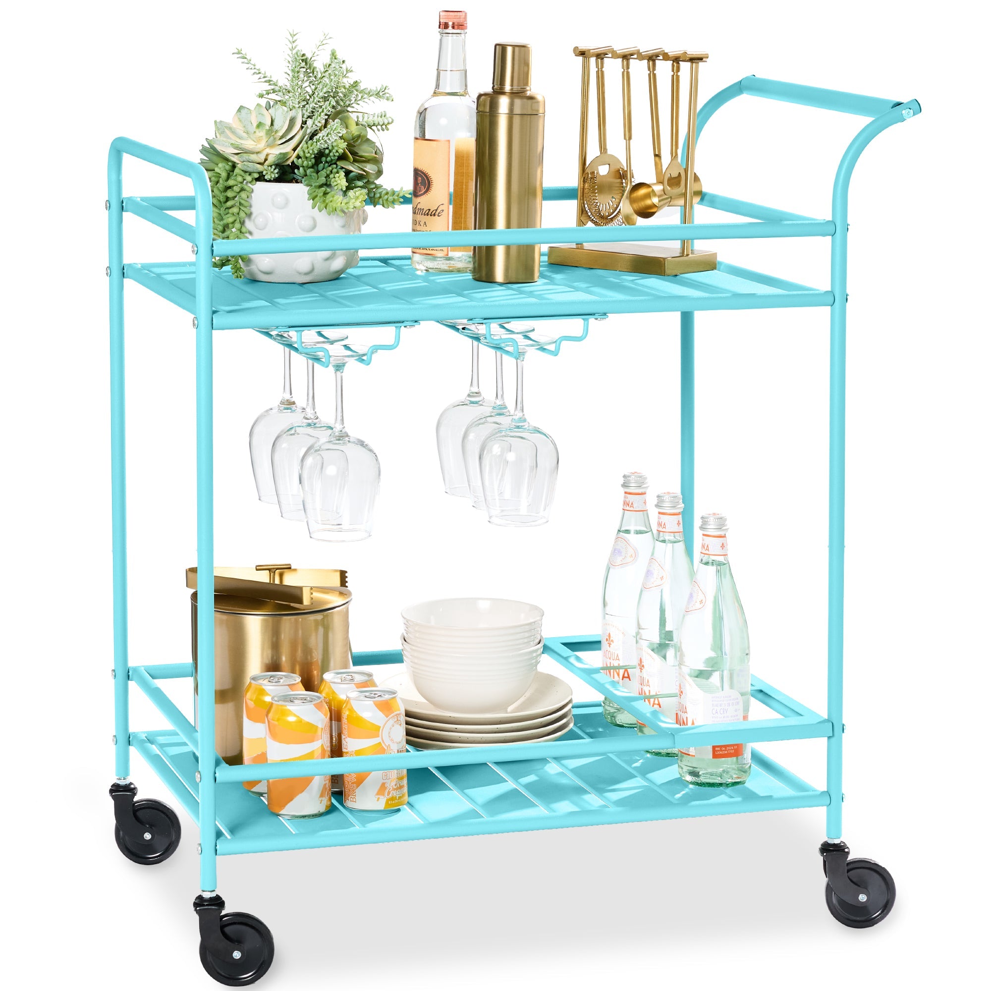2-Tier Rolling Bar Cart Indoor/Outdoor w/ Shelves Wine Rack Locking Wheels