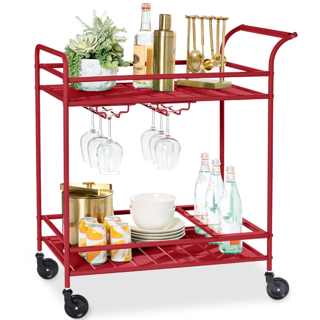 2-Tier Rolling Bar Cart Indoor/Outdoor w/ Shelves Wine Rack Locking Wheels