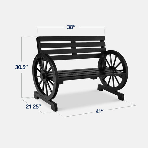 2-Person Rustic Wooden Wagon Wheel Bench w/ Slatted Seat and Backrest