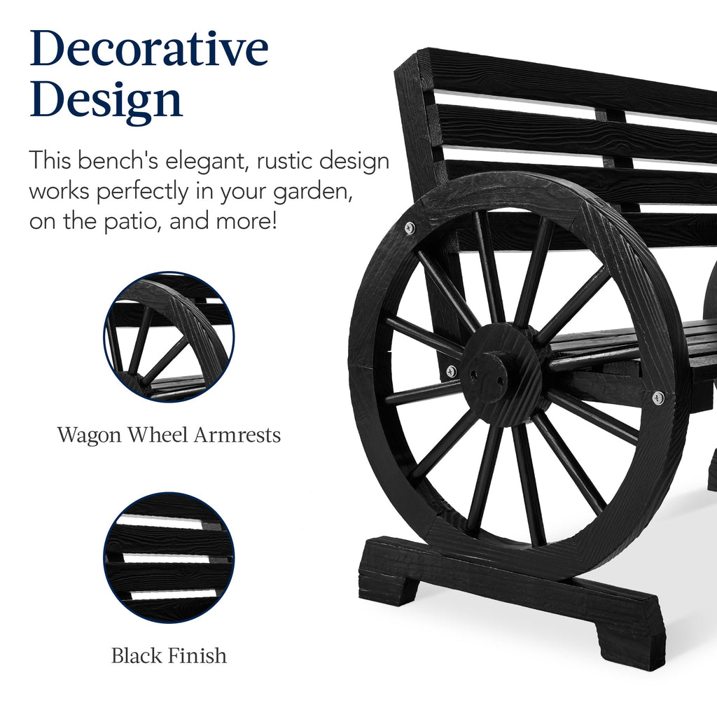 2-Person Rustic Wooden Wagon Wheel Bench w/ Slatted Seat and Backrest