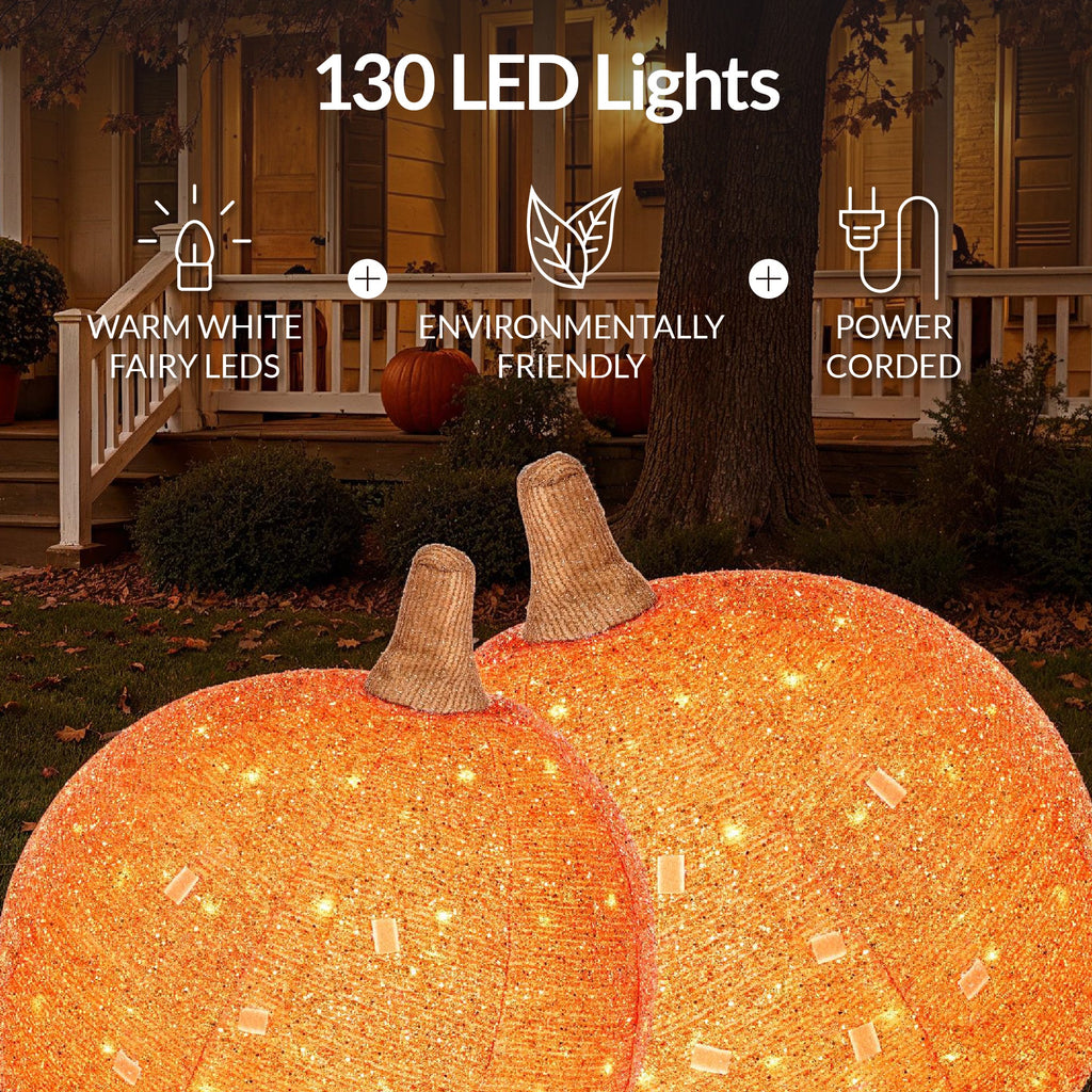 2pc Lighted Pop-Up Outdoor Halloween Holiday Pumpkin Set w/ 130 LED Lights